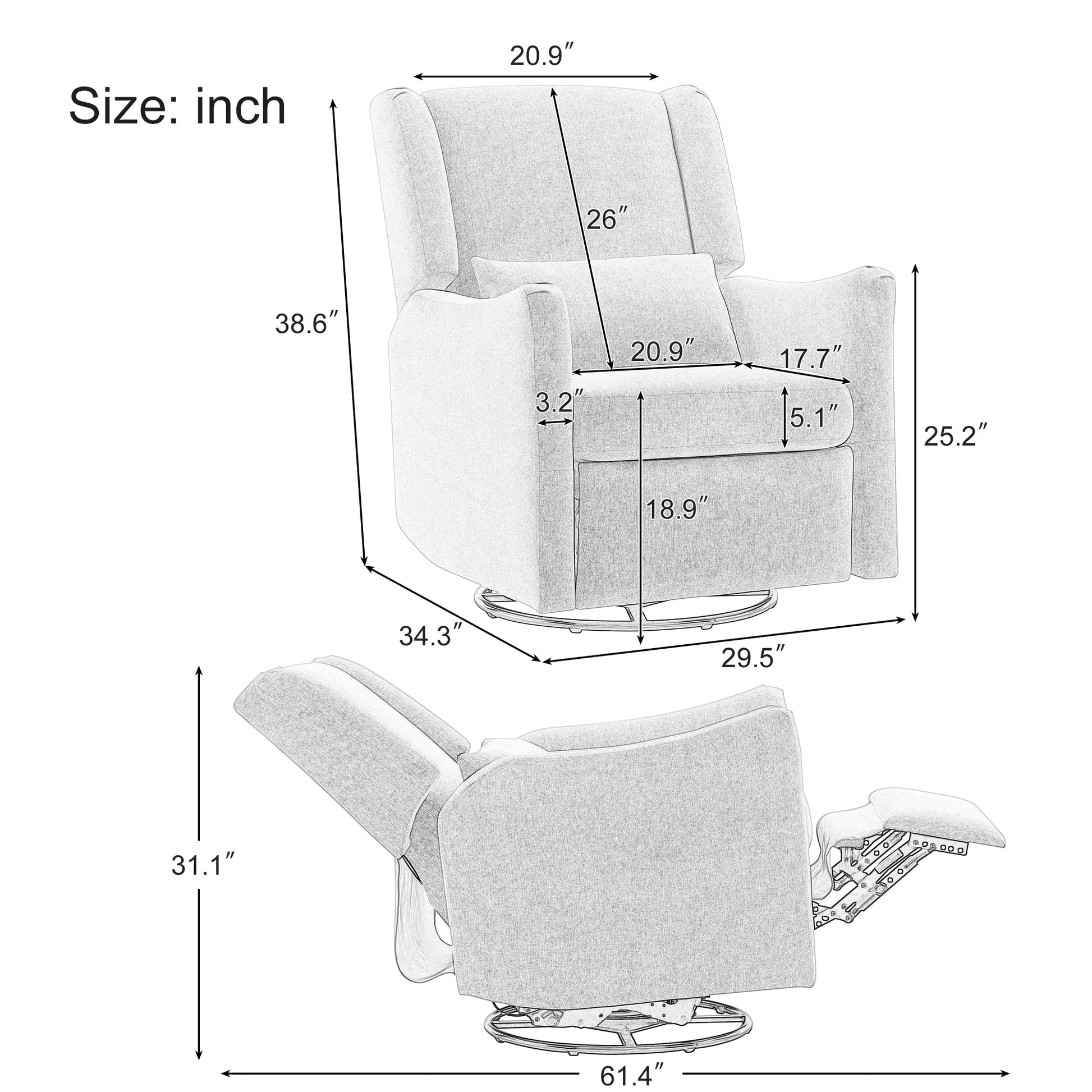 Fauteuil inclinable pivotant à dossier large de 75 cm (29,5 pouces)