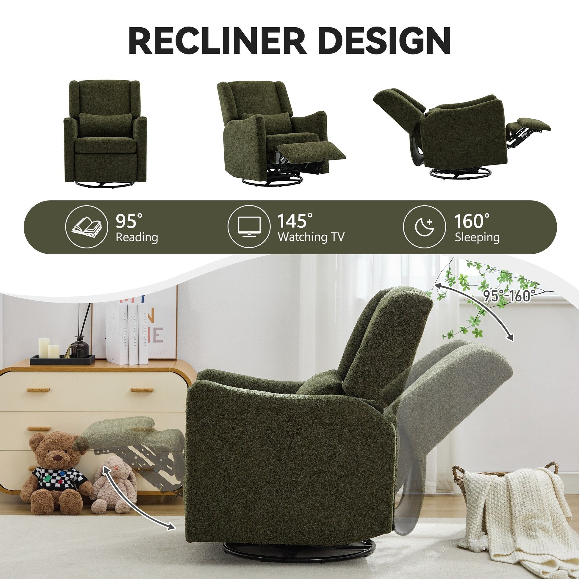 Fauteuil inclinable pivotant à dossier large de 75 cm (29,5 pouces)