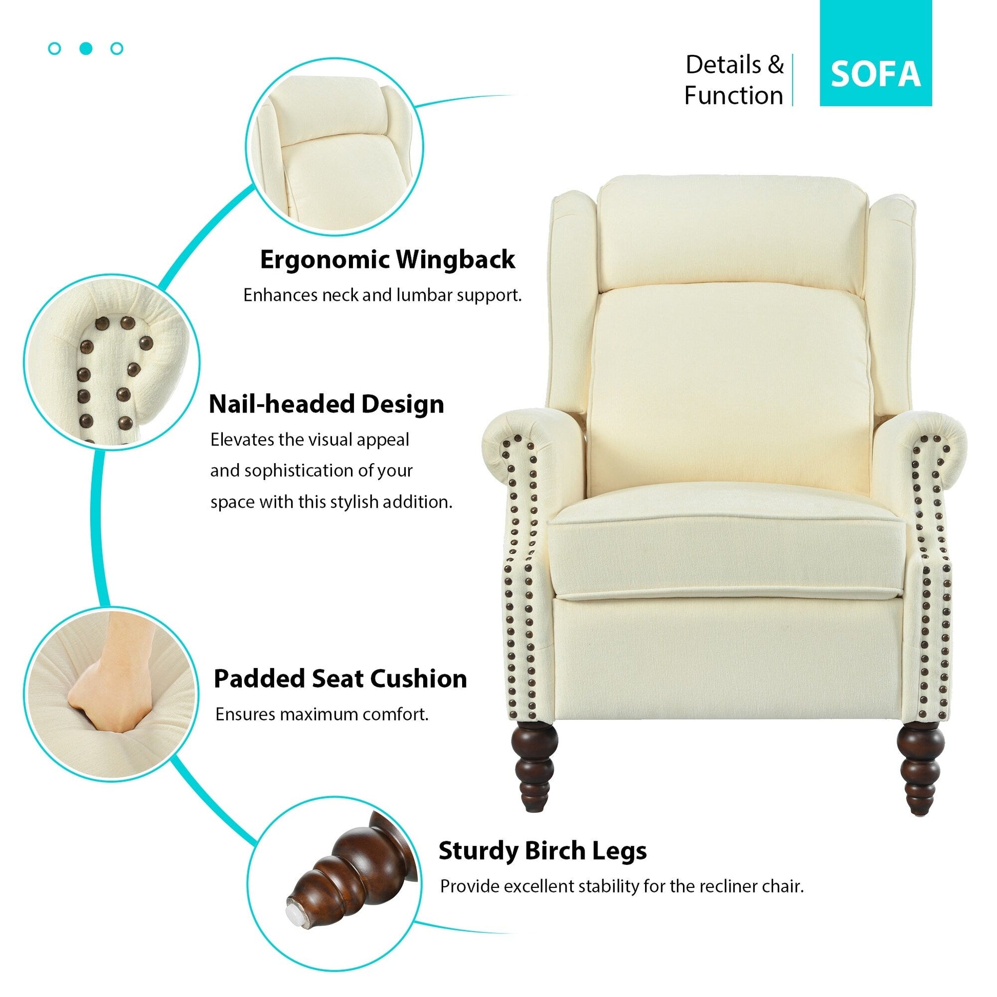Fauteuil inclinable à dossier basculant 29,75 pouces, recouvert de tissu.