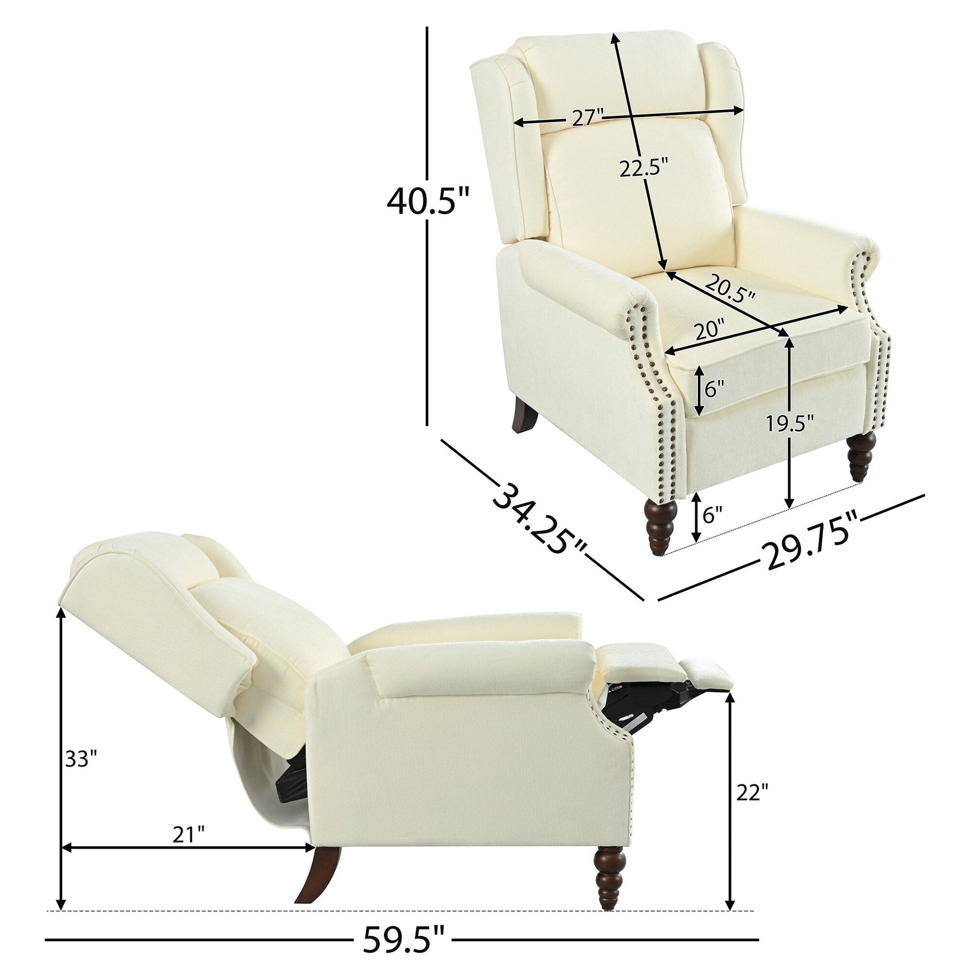 Fauteuil inclinable à dossier basculant 29,75 pouces, recouvert de tissu.