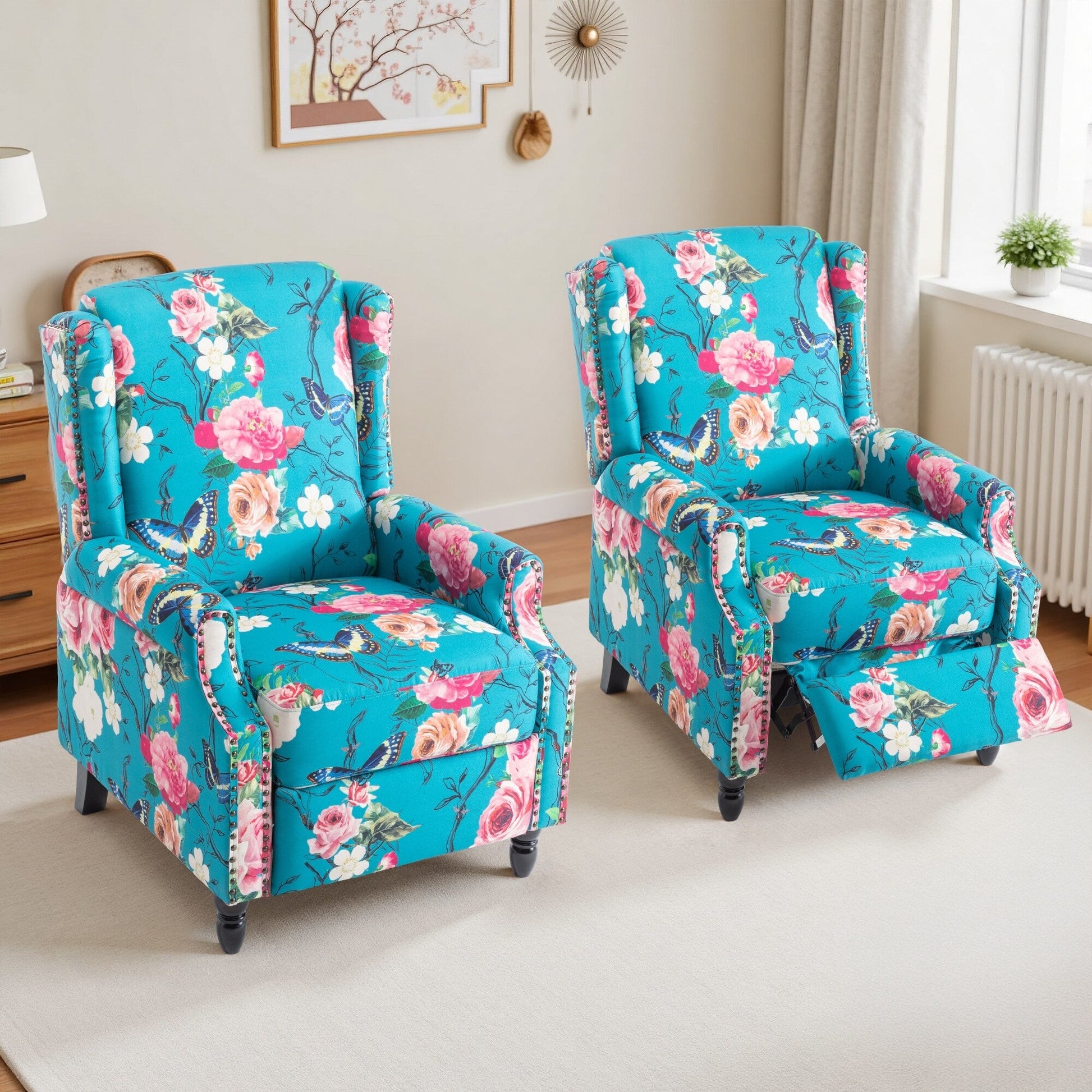 Lot de 2 chaises inclinables à dossier manuel à motif floral vintage, 73,66 cm de largeur.