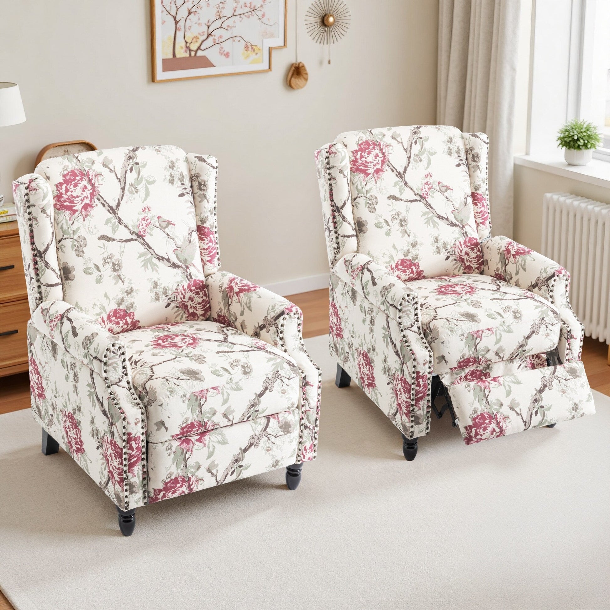 Lot de 2 chaises inclinables à dossier manuel à motif floral vintage, 73,66 cm de largeur.