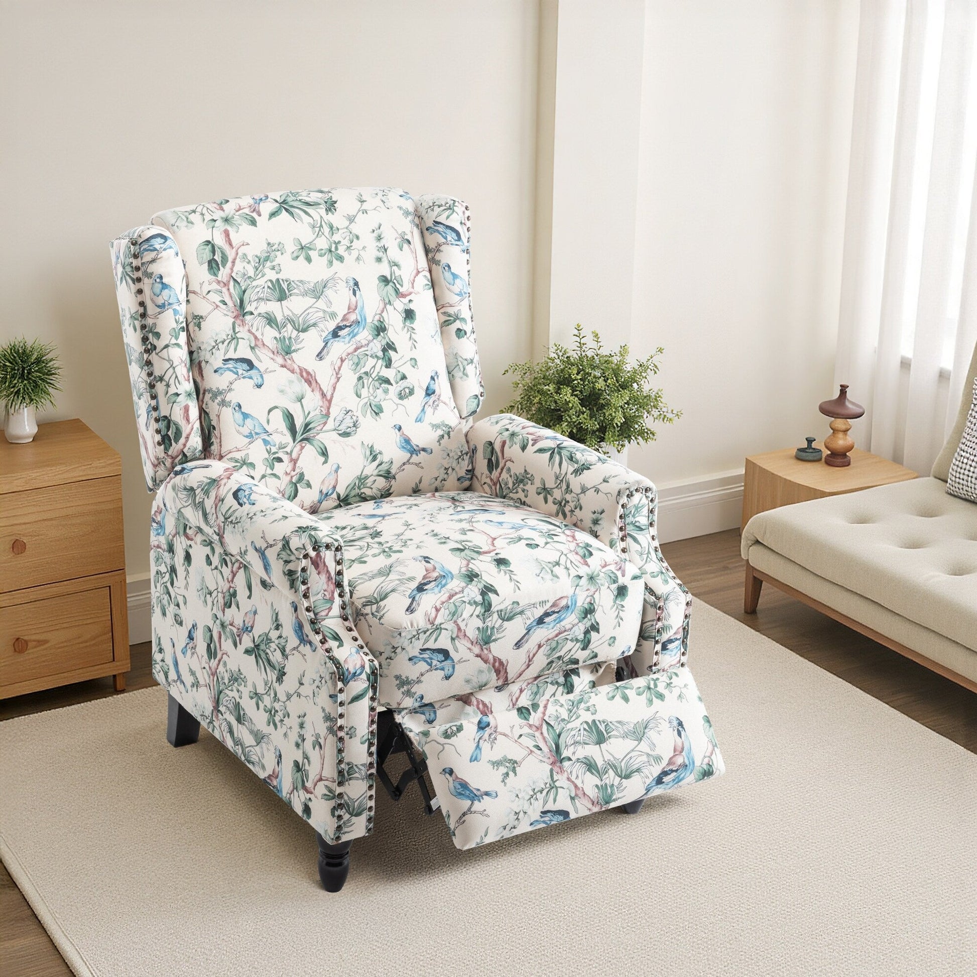 Fauteuil inclinable manuel à dossier inclinable avec motif floral sur tissu lin vintage, 73,66 cm de largeur