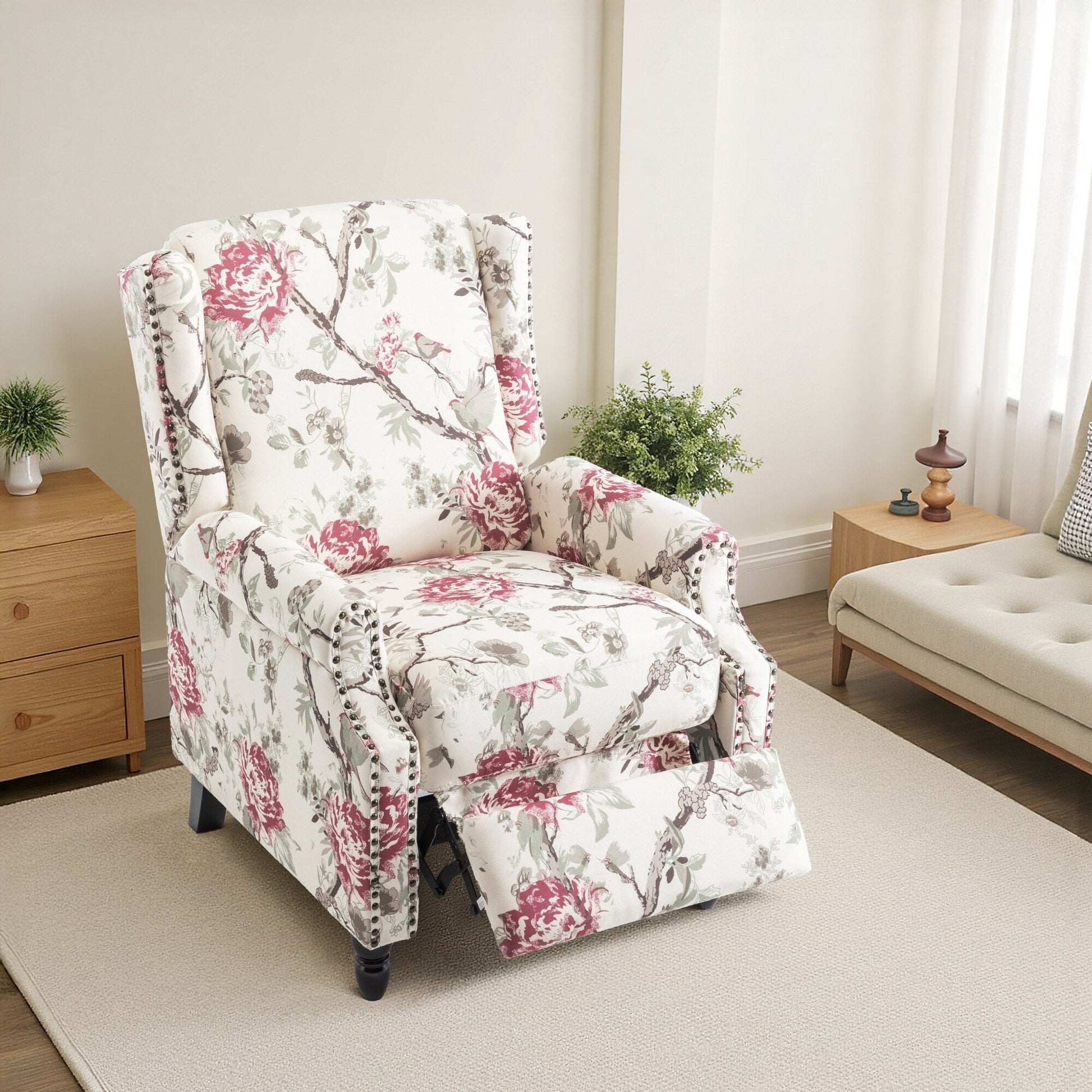 Fauteuil inclinable manuel à dossier inclinable avec motif floral sur tissu lin vintage, 73,66 cm de largeur
