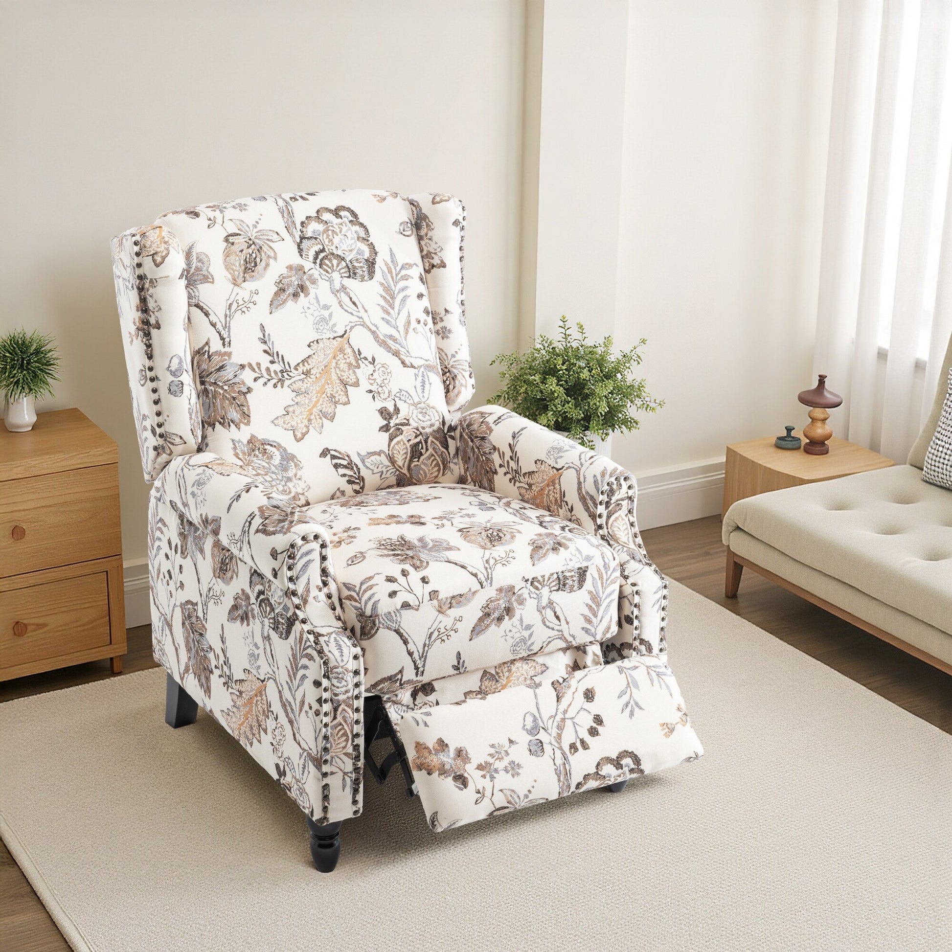 Fauteuil inclinable manuel à dossier inclinable avec motif floral sur tissu lin vintage, 73,66 cm de largeur