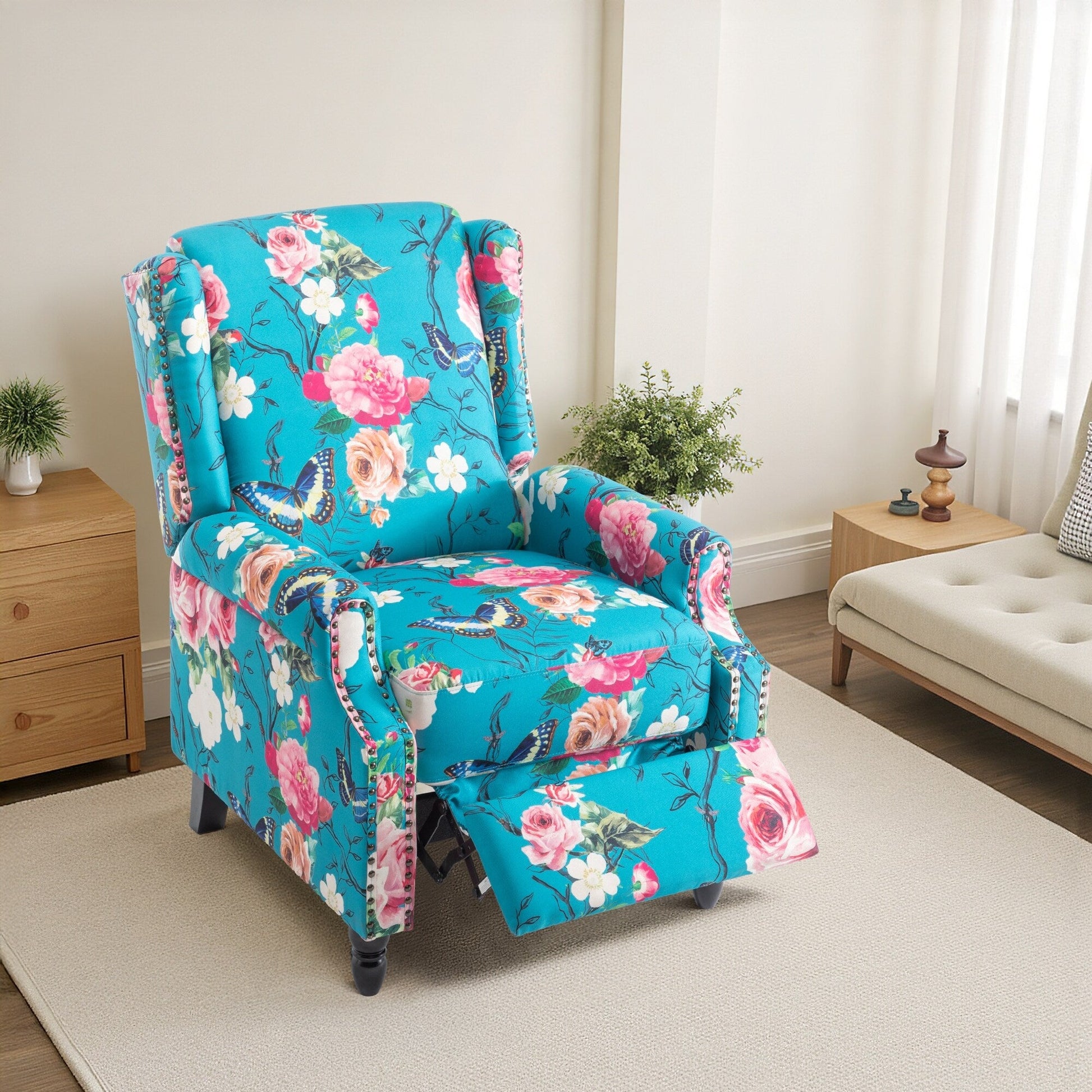 Fauteuil inclinable manuel à dossier inclinable avec motif floral sur tissu lin vintage, 73,66 cm de largeur