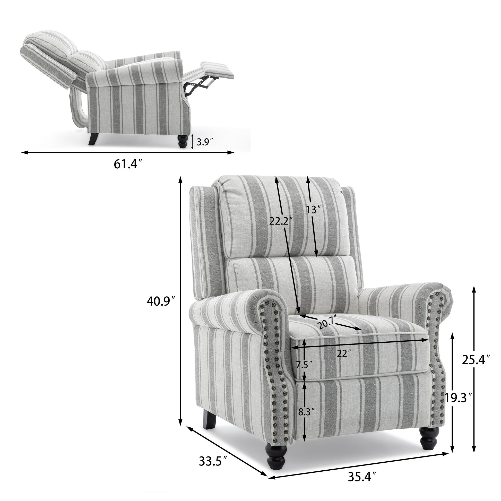 2 chaises inclinables à commande manuelle avec garniture à clous cloutés
