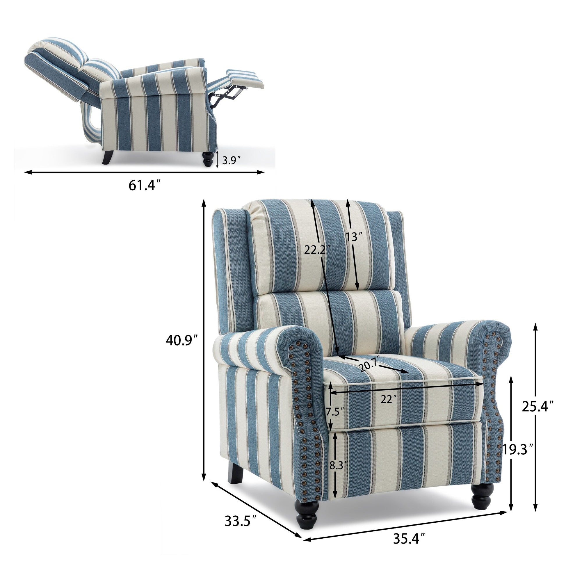 2 chaises inclinables à commande manuelle avec garniture à clous cloutés