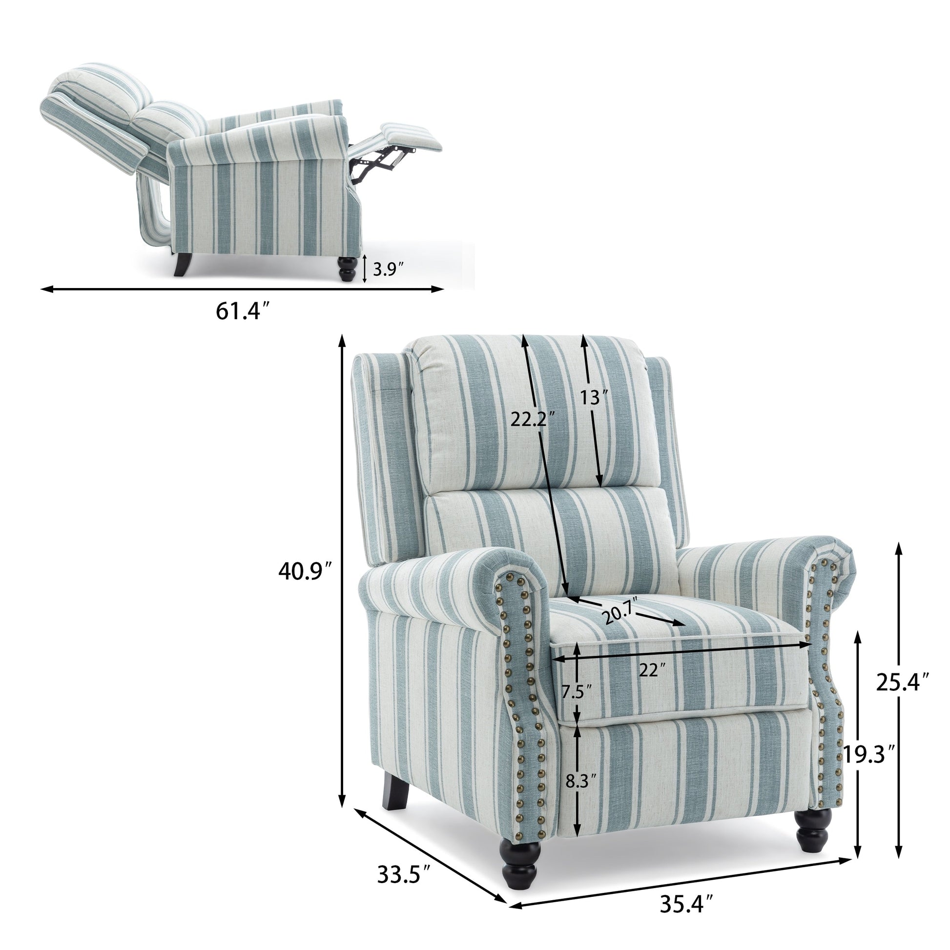 2 chaises inclinables à commande manuelle avec garniture à clous cloutés