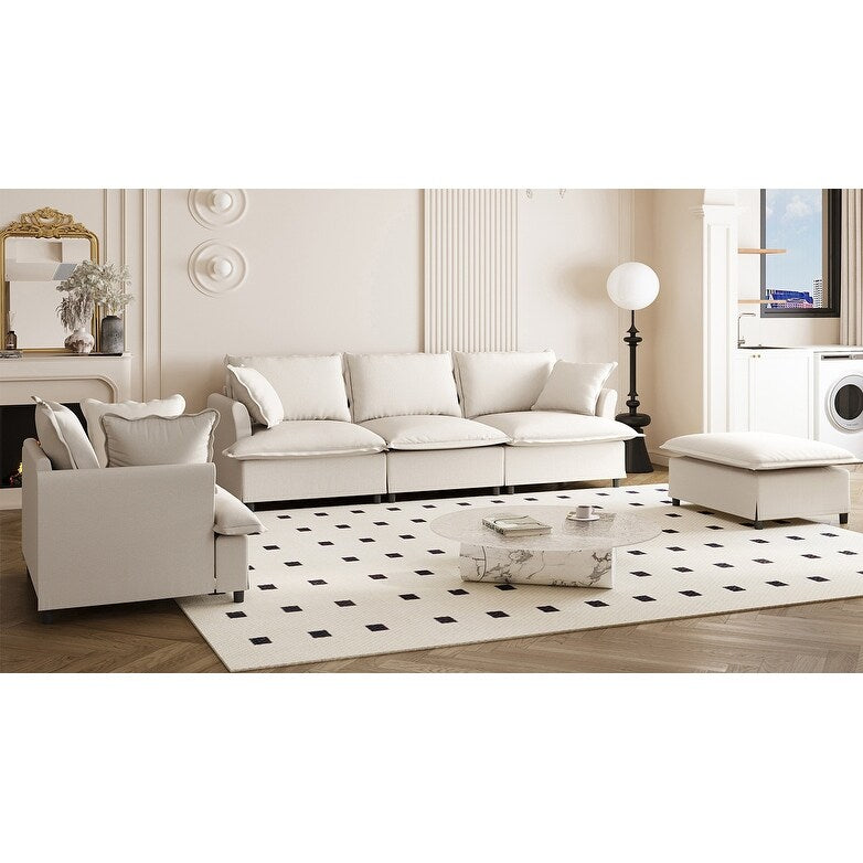 Ensemble de canapé de salon 3 pièces, canapé d'angle modulaire en forme de L en chenille, canapé 3 places et fauteuil rembourrés et pouf mobile.