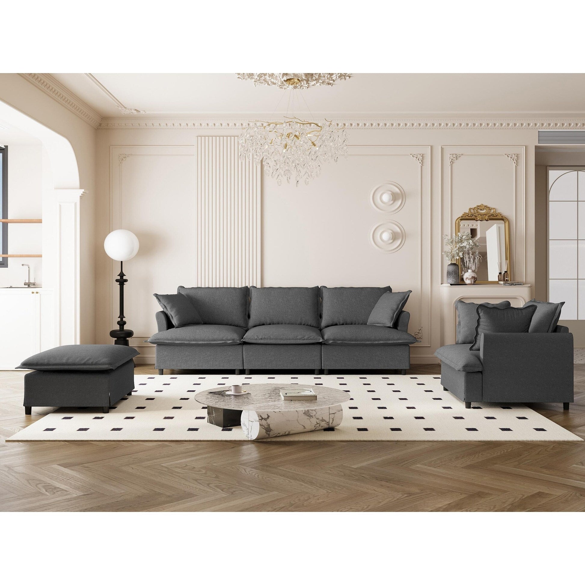 Ensemble de canapé de salon 3 pièces, canapé d'angle modulaire en forme de L en chenille, canapé 3 places et fauteuil rembourrés et pouf mobile.