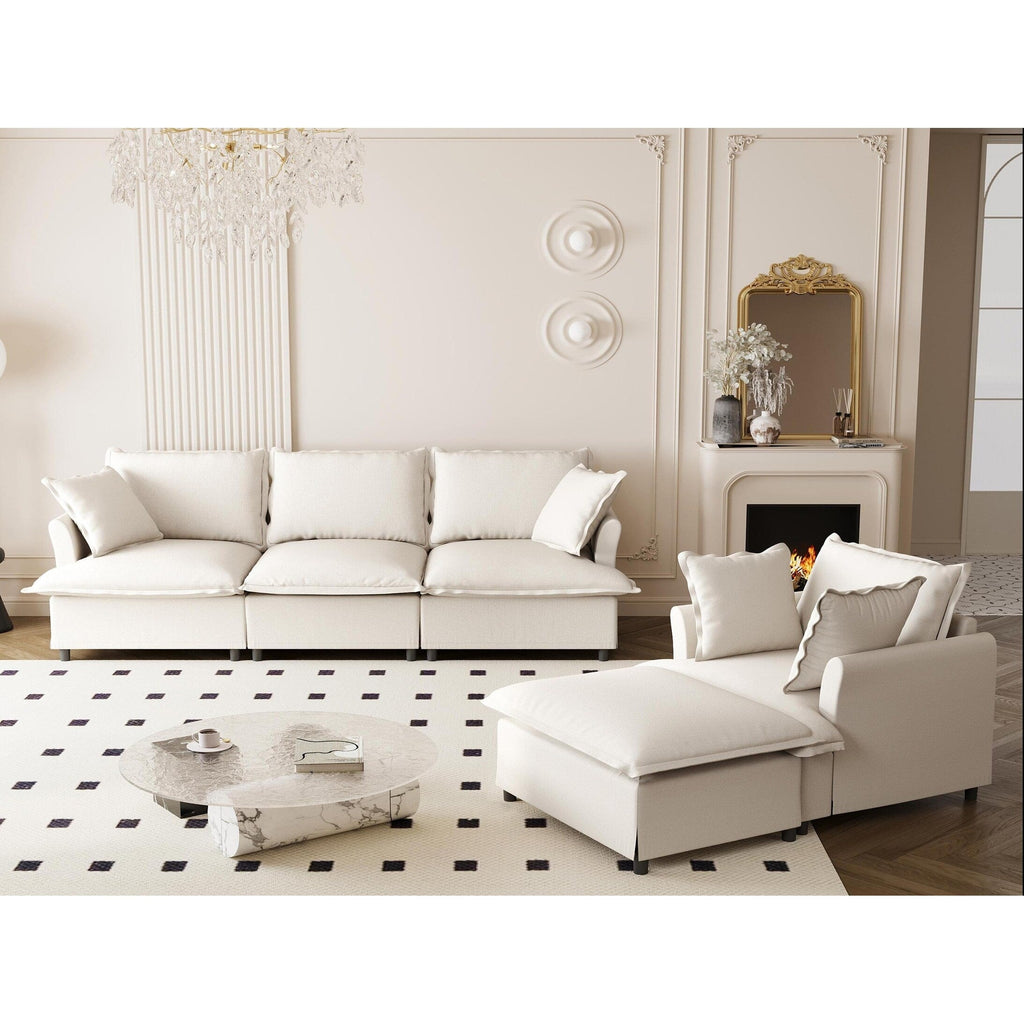 Ensemble de canapé de salon 3 pièces, canapé d'angle modulaire en forme de L en chenille, canapé 3 places et fauteuil rembourrés et pouf mobile.