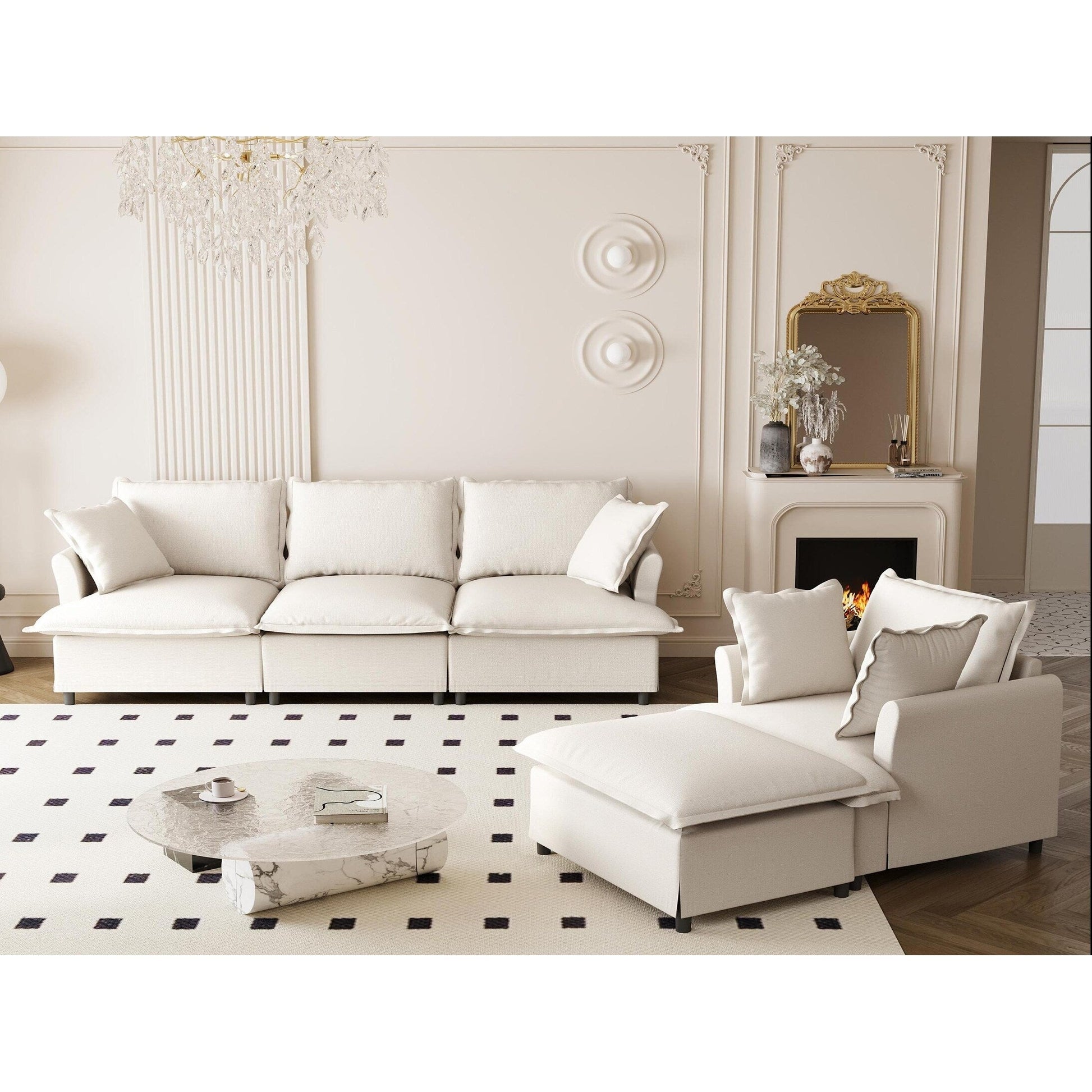Ensemble de canapé de salon 3 pièces, canapé d'angle modulaire en forme de L en chenille, canapé 3 places et fauteuil rembourrés et pouf mobile.