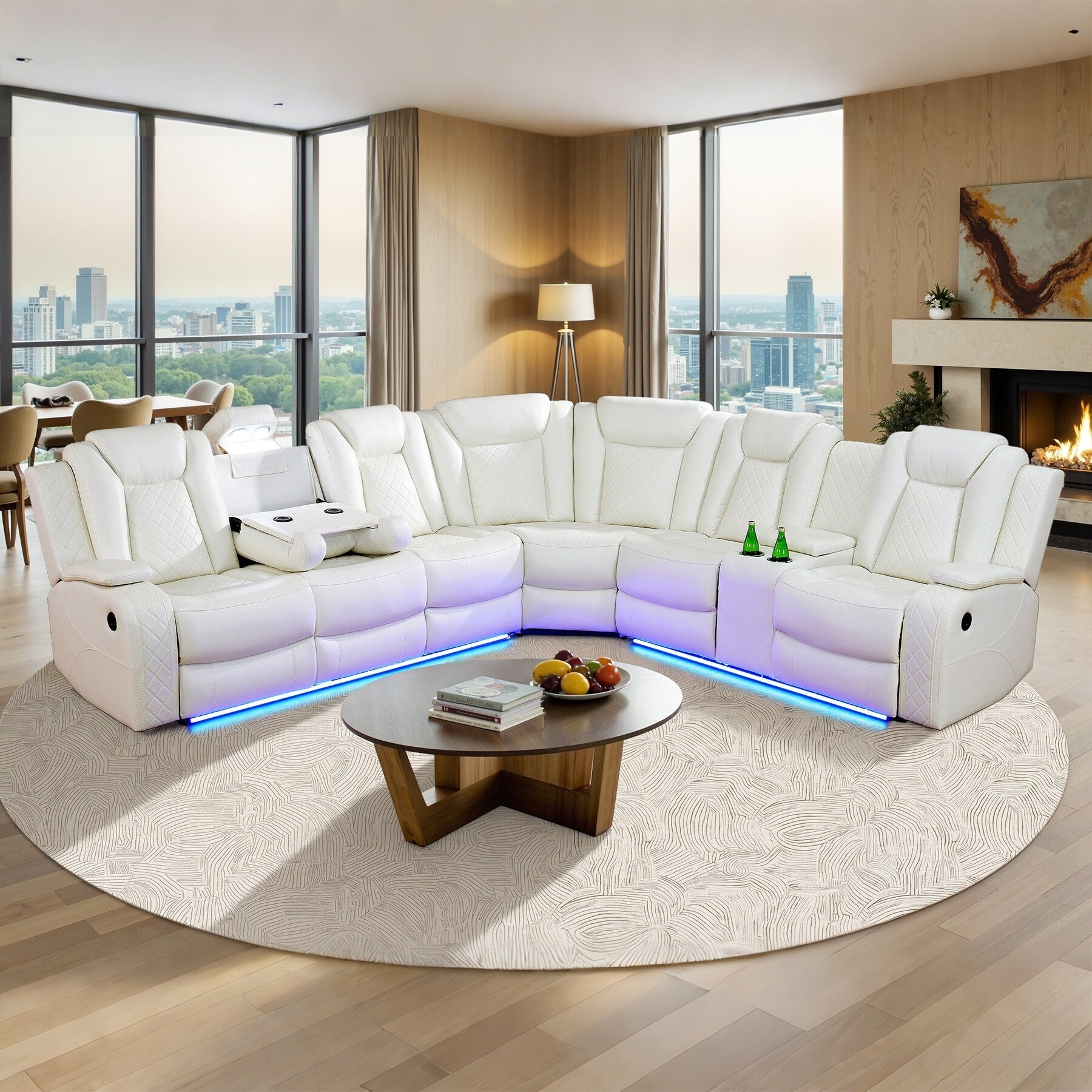 Ensemble de canapé et fauteuils inclinables en cuir respirant blanc cassé, 3 pièces.