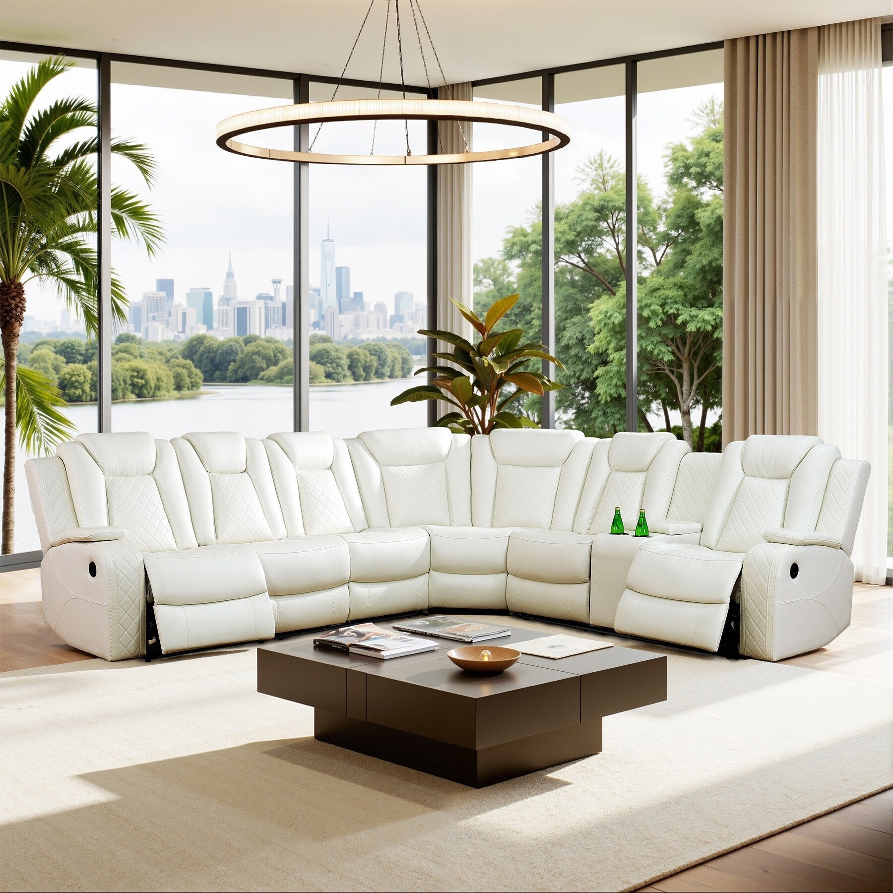 Ensemble de canapé et fauteuils inclinables en cuir respirant blanc cassé, 3 pièces.