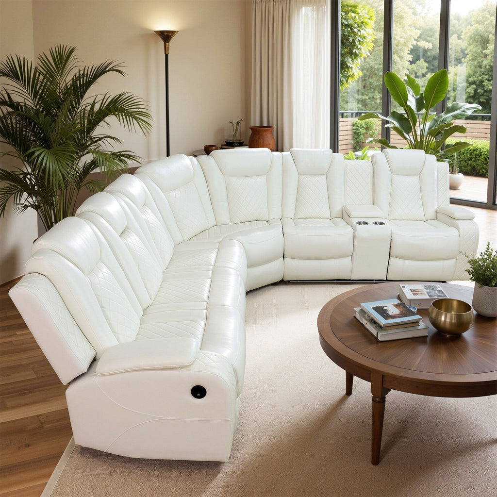 Ensemble de canapé et fauteuils inclinables en cuir respirant blanc cassé, 3 pièces.