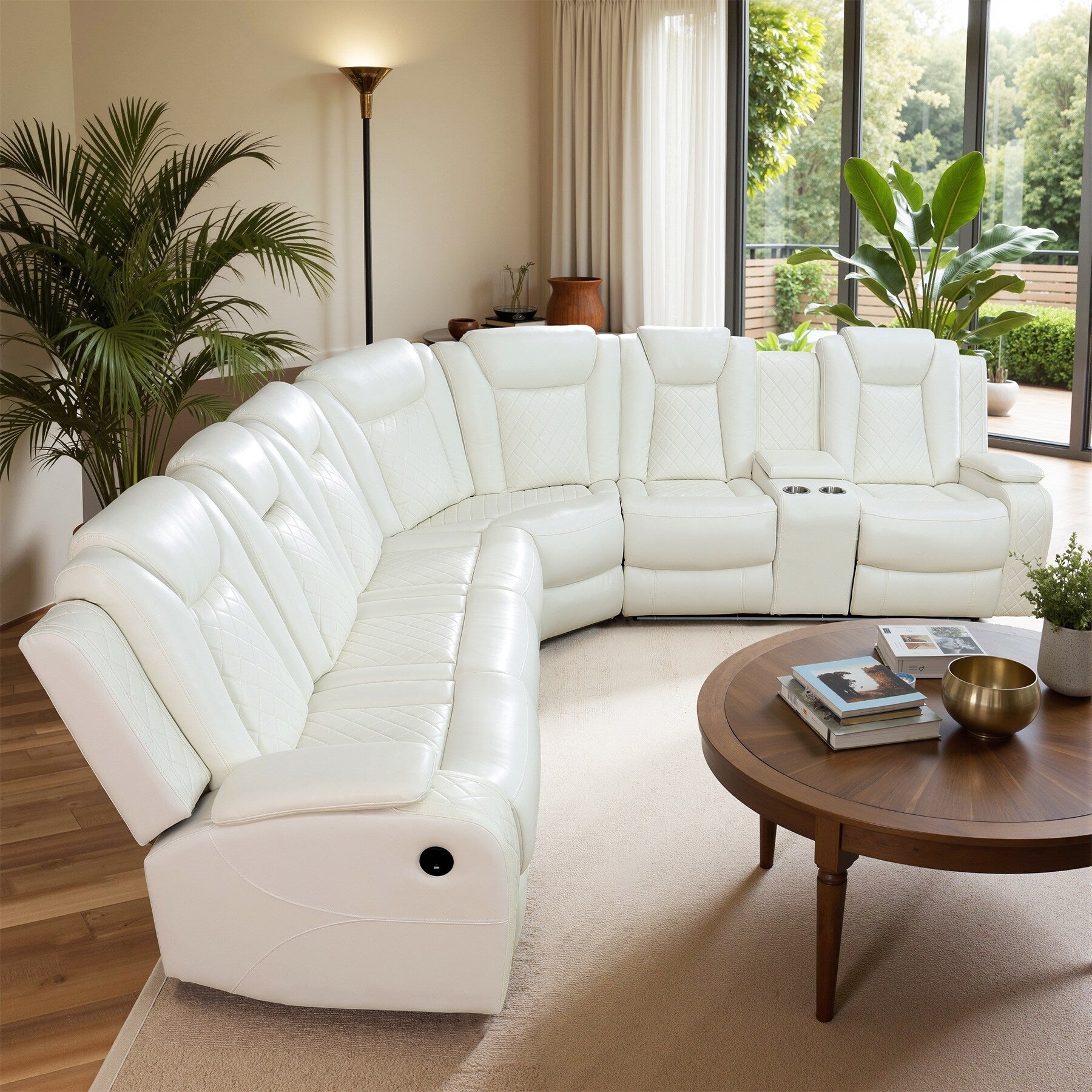 Ensemble de canapé et fauteuils inclinables en cuir respirant blanc cassé, 3 pièces.