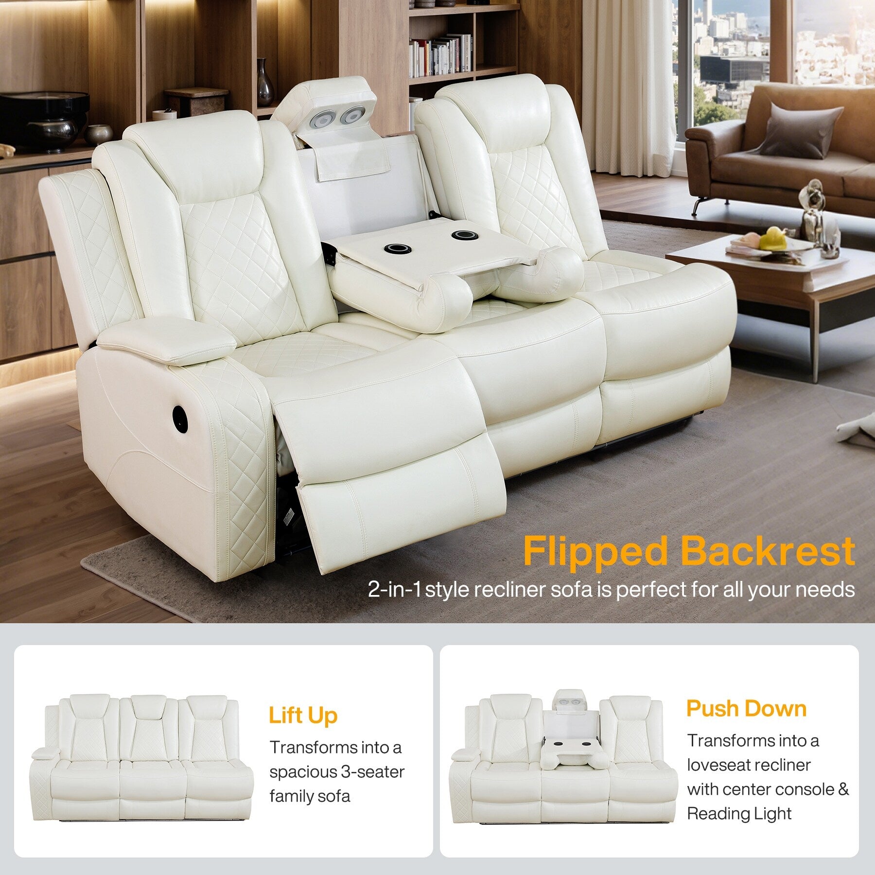 Ensemble de canapé et fauteuils inclinables en cuir respirant blanc cassé, 3 pièces.