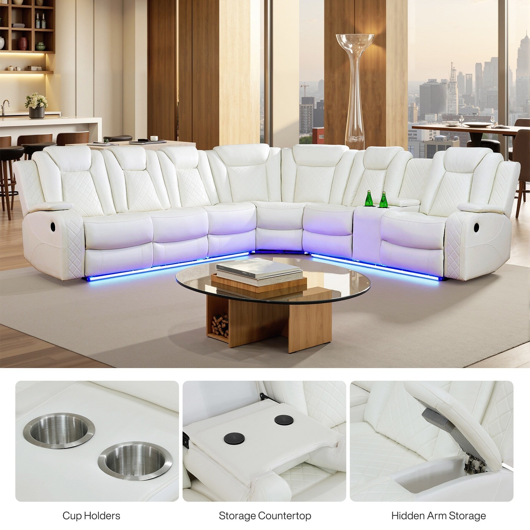 Ensemble de canapé et fauteuils inclinables en cuir respirant blanc cassé, 3 pièces.