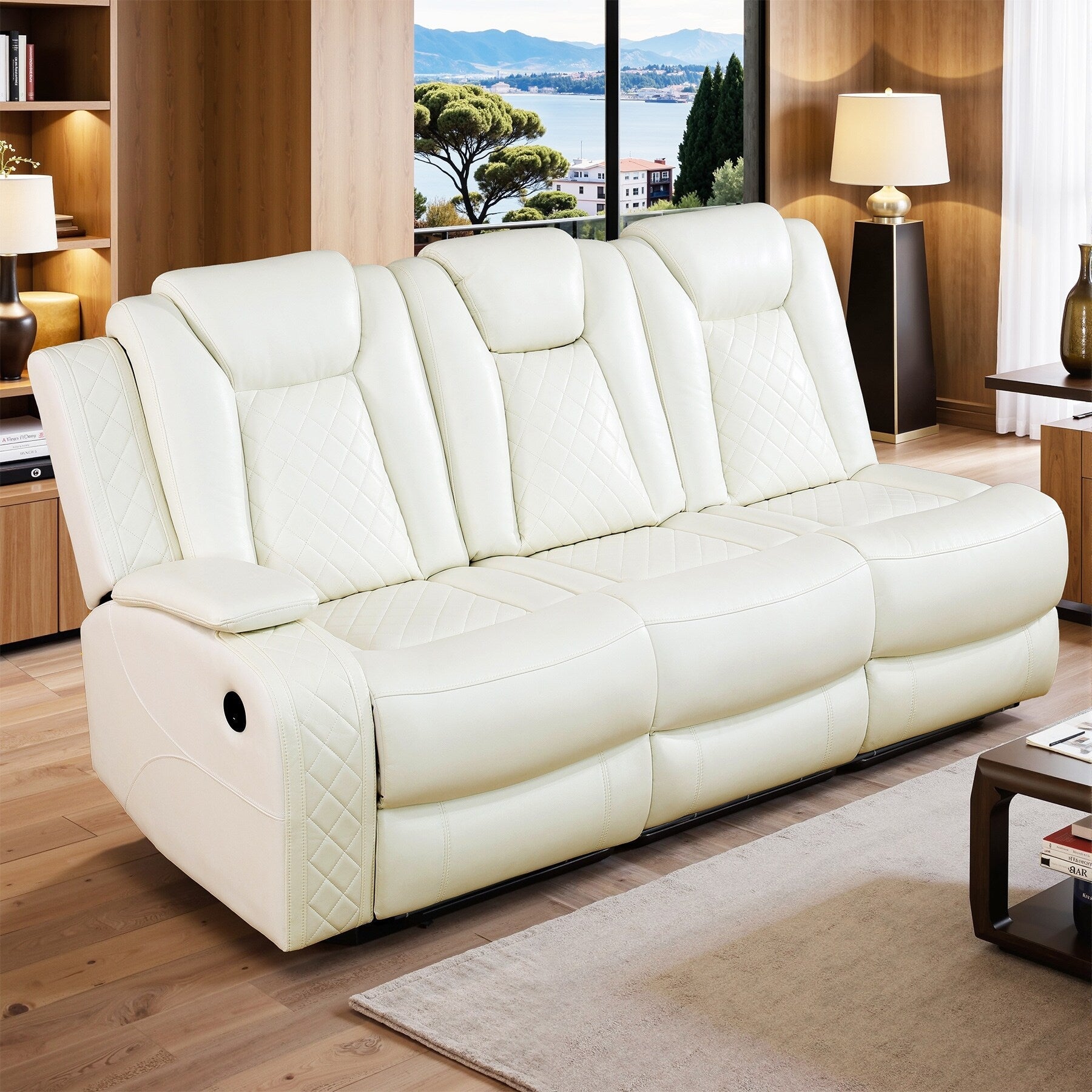 Ensemble de canapé et fauteuils inclinables en cuir respirant blanc cassé, 3 pièces.