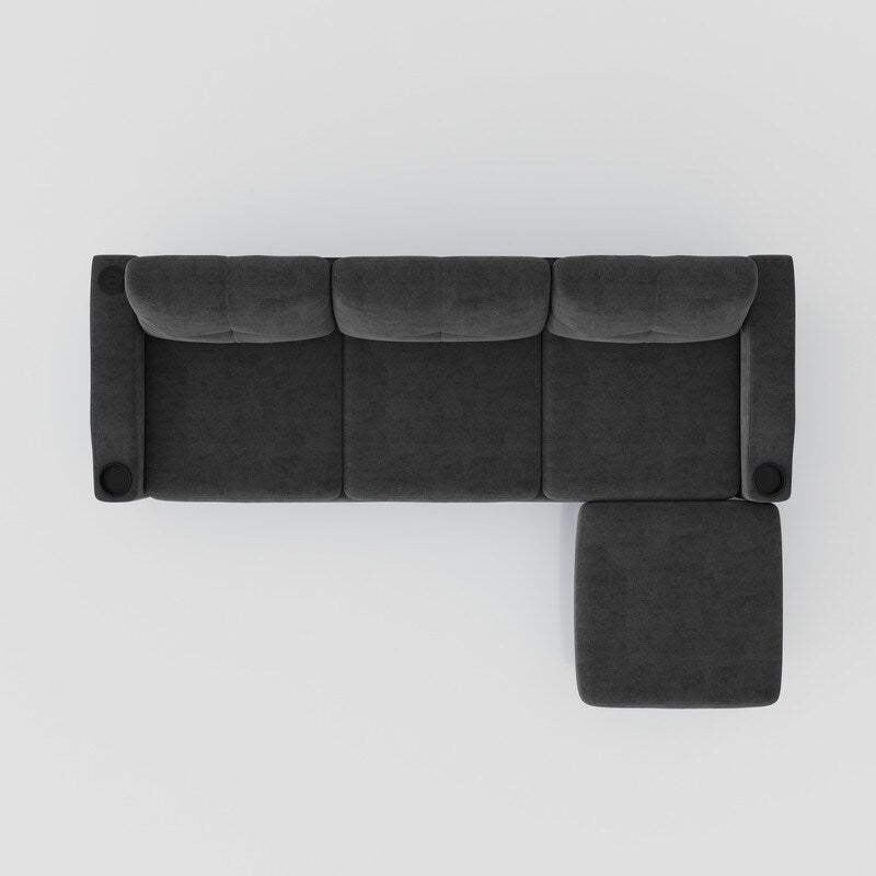 Canapé d'angle en forme de L 3 places avec coffre à rangement et pouf, gris foncé, pour salon.