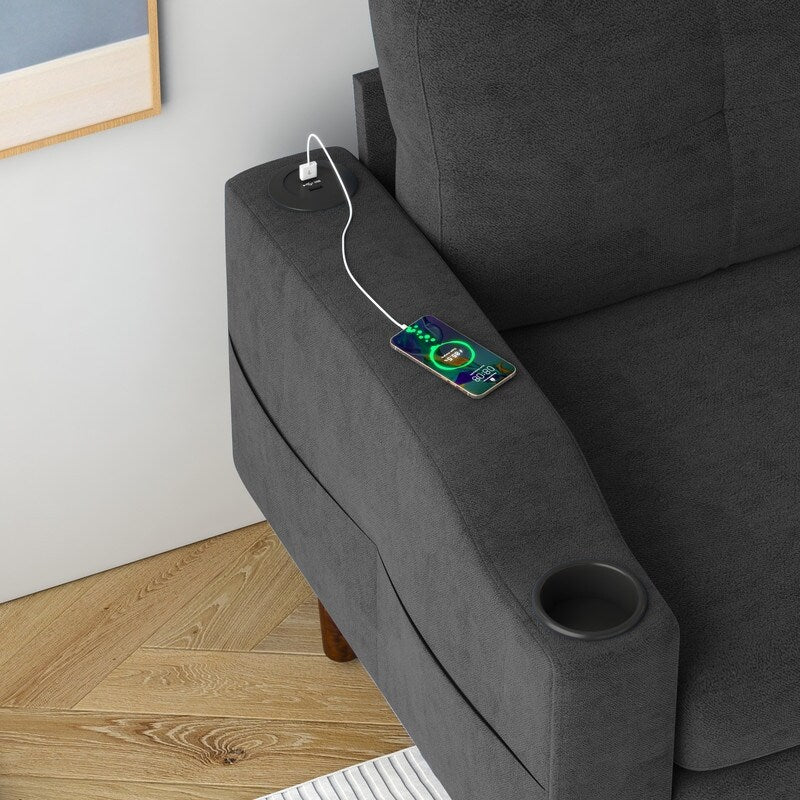 Canapé d'angle en forme de L 3 places avec coffre à rangement et pouf, gris foncé, pour salon.