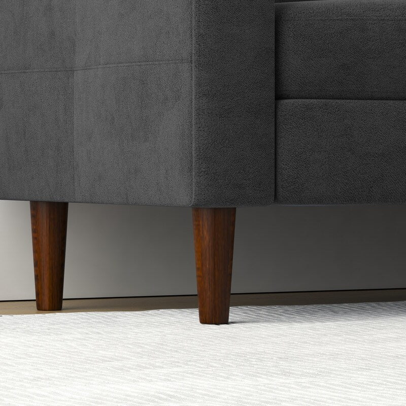 Canapé d'angle en forme de L 3 places avec coffre à rangement et pouf, gris foncé, pour salon.