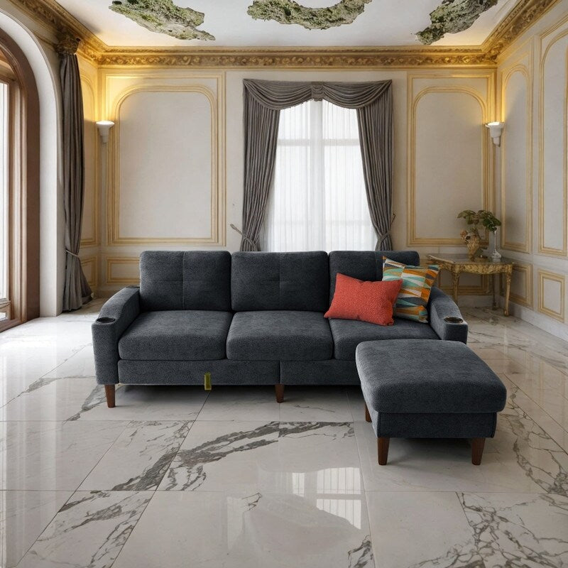Canapé d'angle en forme de L 3 places avec coffre à rangement et pouf, gris foncé, pour salon.