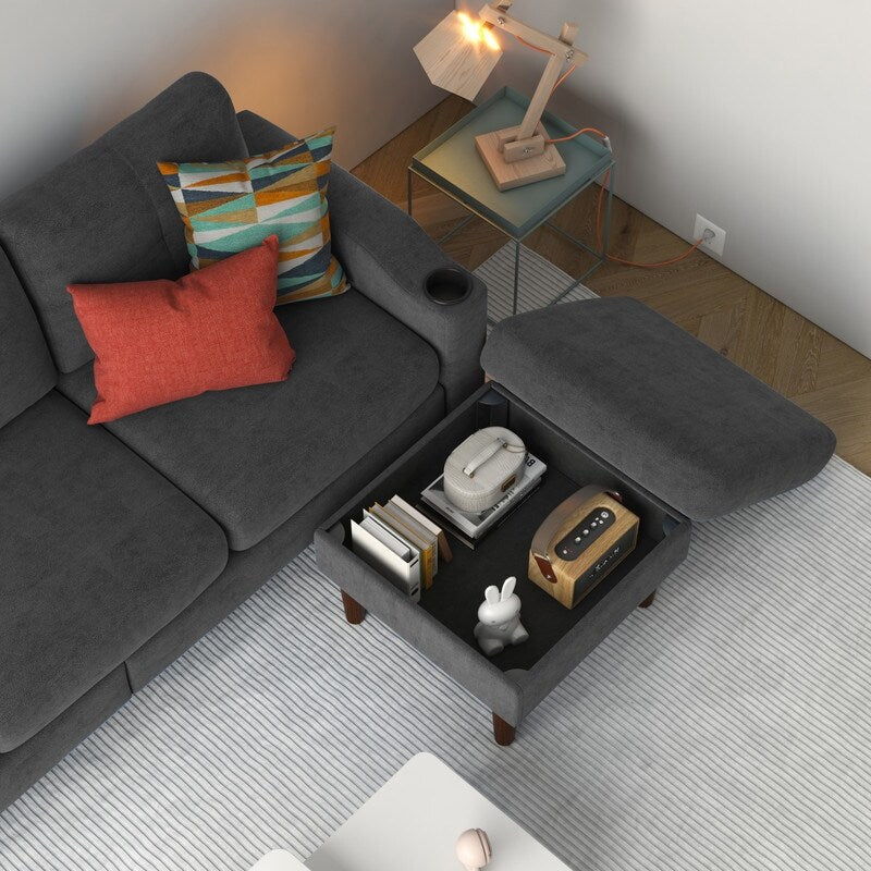 Canapé d'angle en forme de L 3 places avec coffre à rangement et pouf, gris foncé, pour salon.