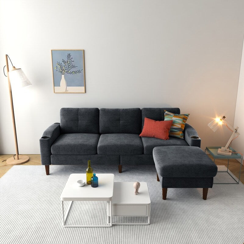 Canapé d'angle en forme de L 3 places avec coffre à rangement et pouf, gris foncé, pour salon.