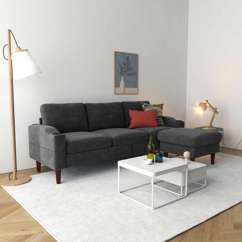 Canapé d'angle en forme de L 3 places avec coffre à rangement et pouf, gris foncé, pour salon.