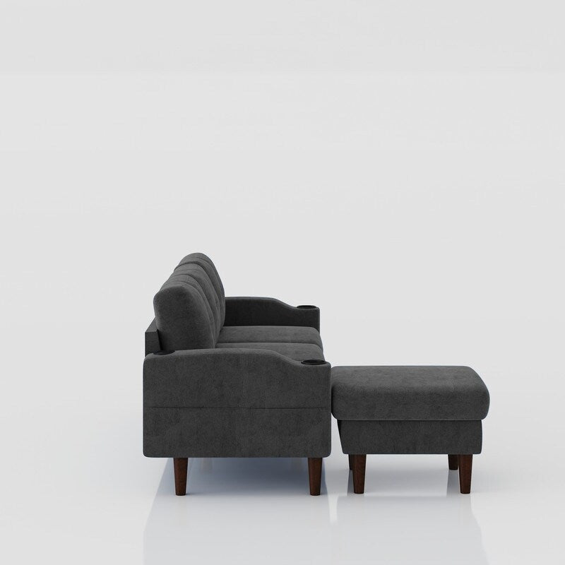Canapé d'angle en forme de L 3 places avec coffre à rangement et pouf, gris foncé, pour salon.