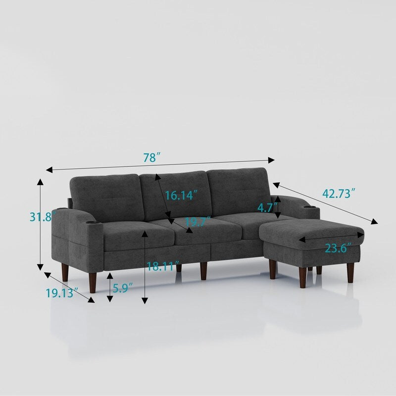 Canapé d'angle en forme de L 3 places avec coffre à rangement et pouf, gris foncé, pour salon.