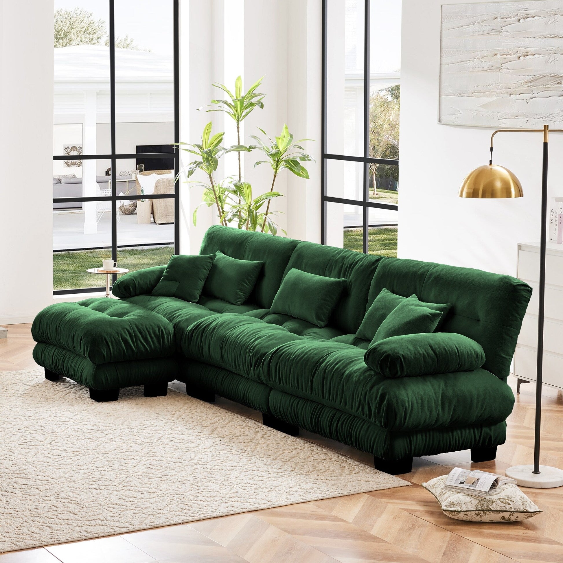 Canapé d'angle modulaire 3 places, canapé profond en forme de L, canapé nuage avec pouf convertible pour salon.