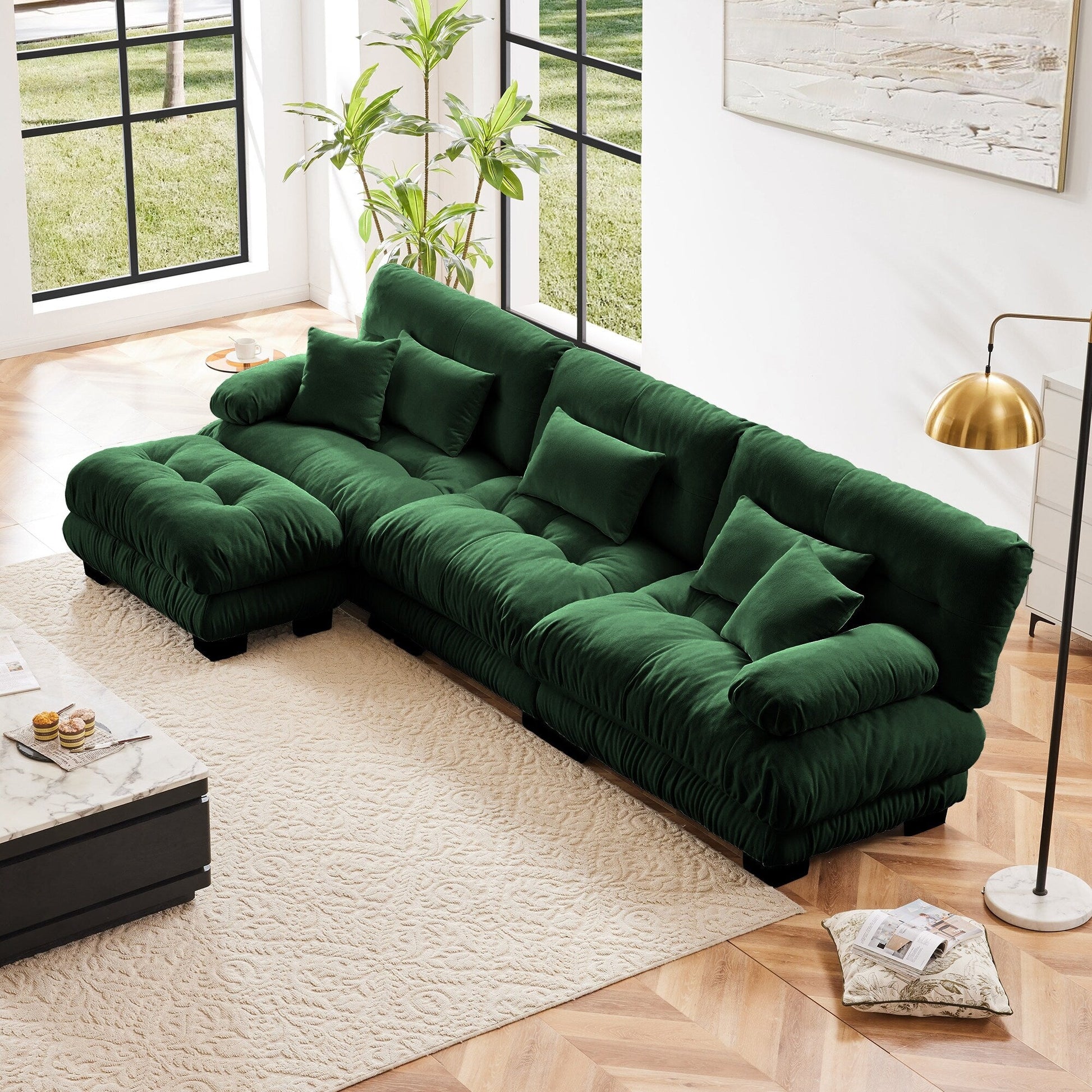 Canapé d'angle modulaire 3 places, canapé profond en forme de L, canapé nuage avec pouf convertible pour salon.