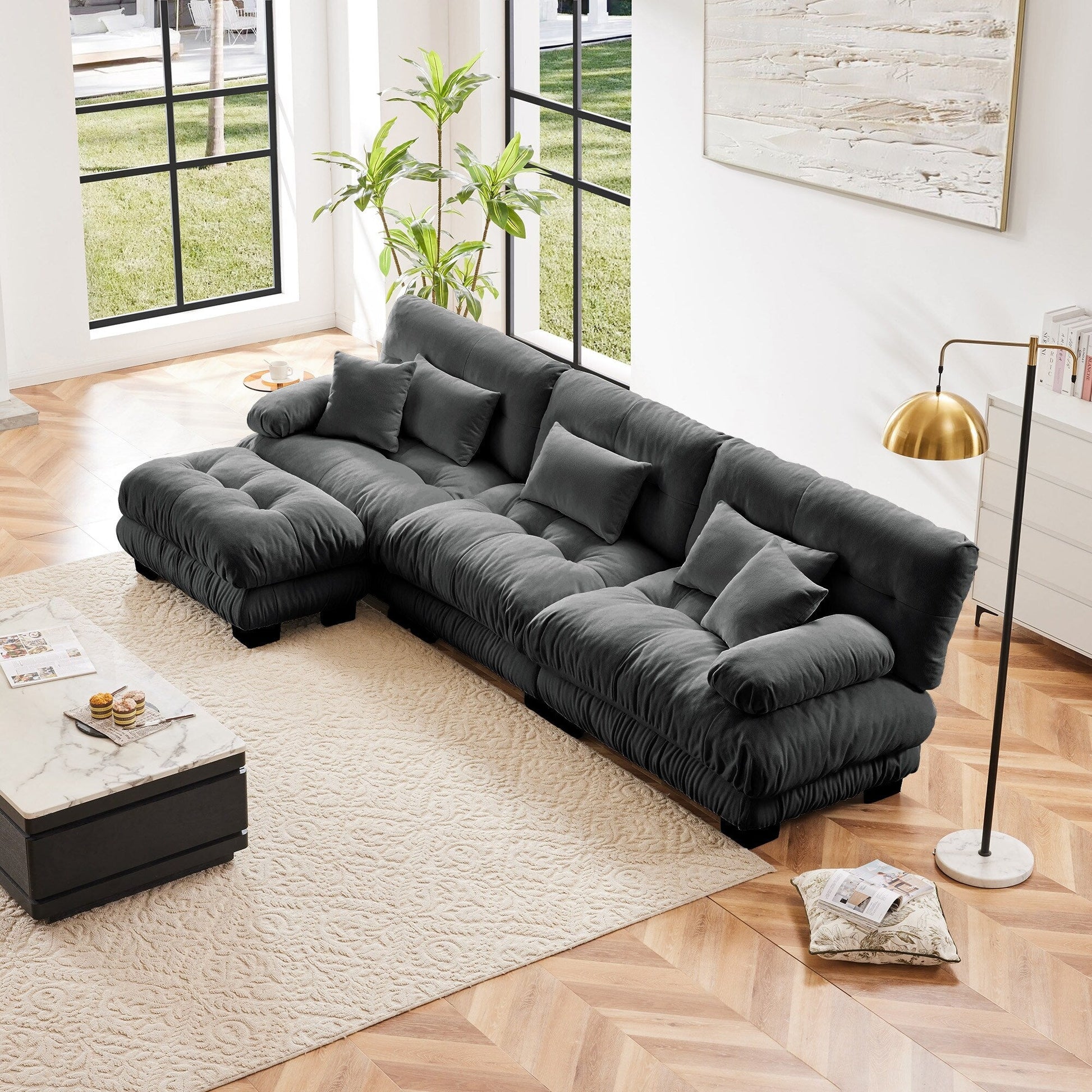 Canapé d'angle modulaire 3 places, canapé profond en forme de L, canapé nuage avec pouf convertible pour salon.