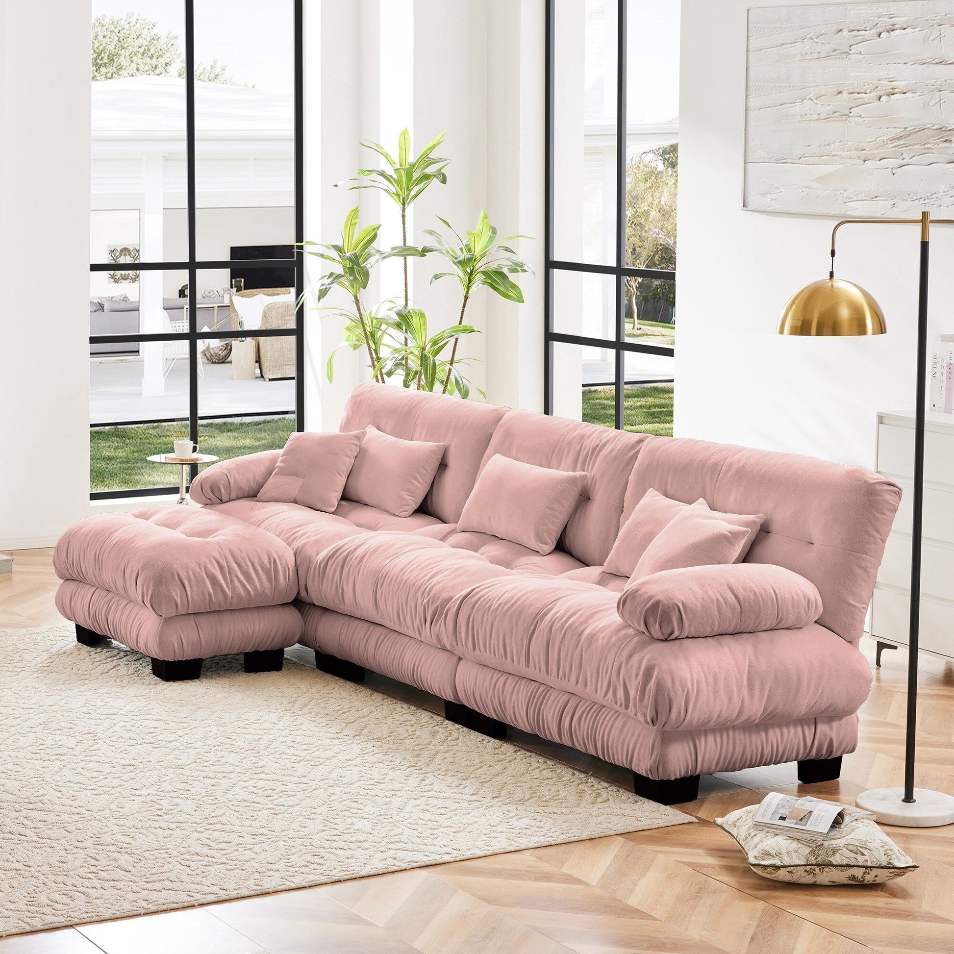 Canapé d'angle modulaire 3 places, canapé profond en forme de L, canapé nuage avec pouf convertible pour salon.