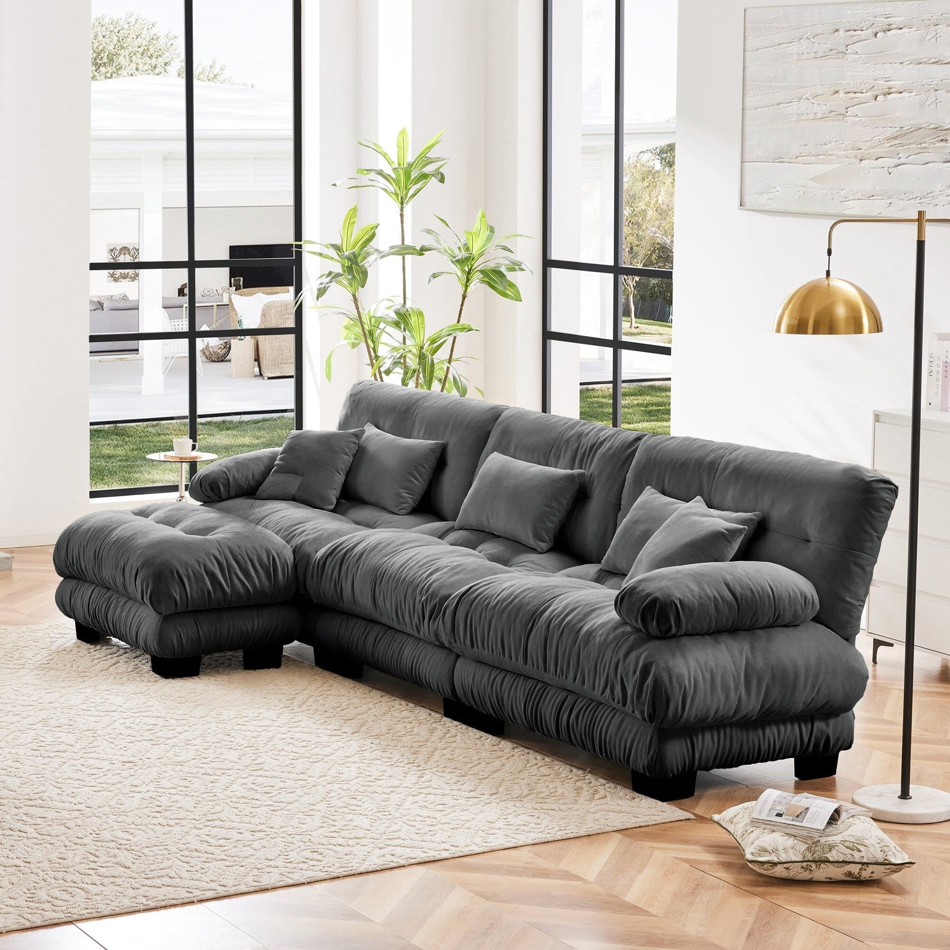 Canapé d'angle modulaire 3 places, canapé profond en forme de L, canapé nuage avec pouf convertible pour salon.