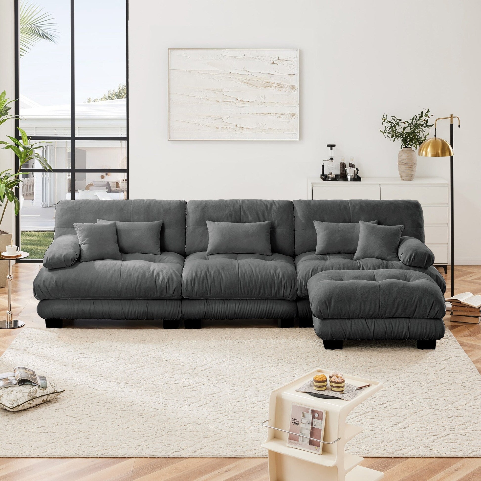 Canapé d'angle modulaire 3 places, canapé profond en forme de L, canapé nuage avec pouf convertible pour salon.