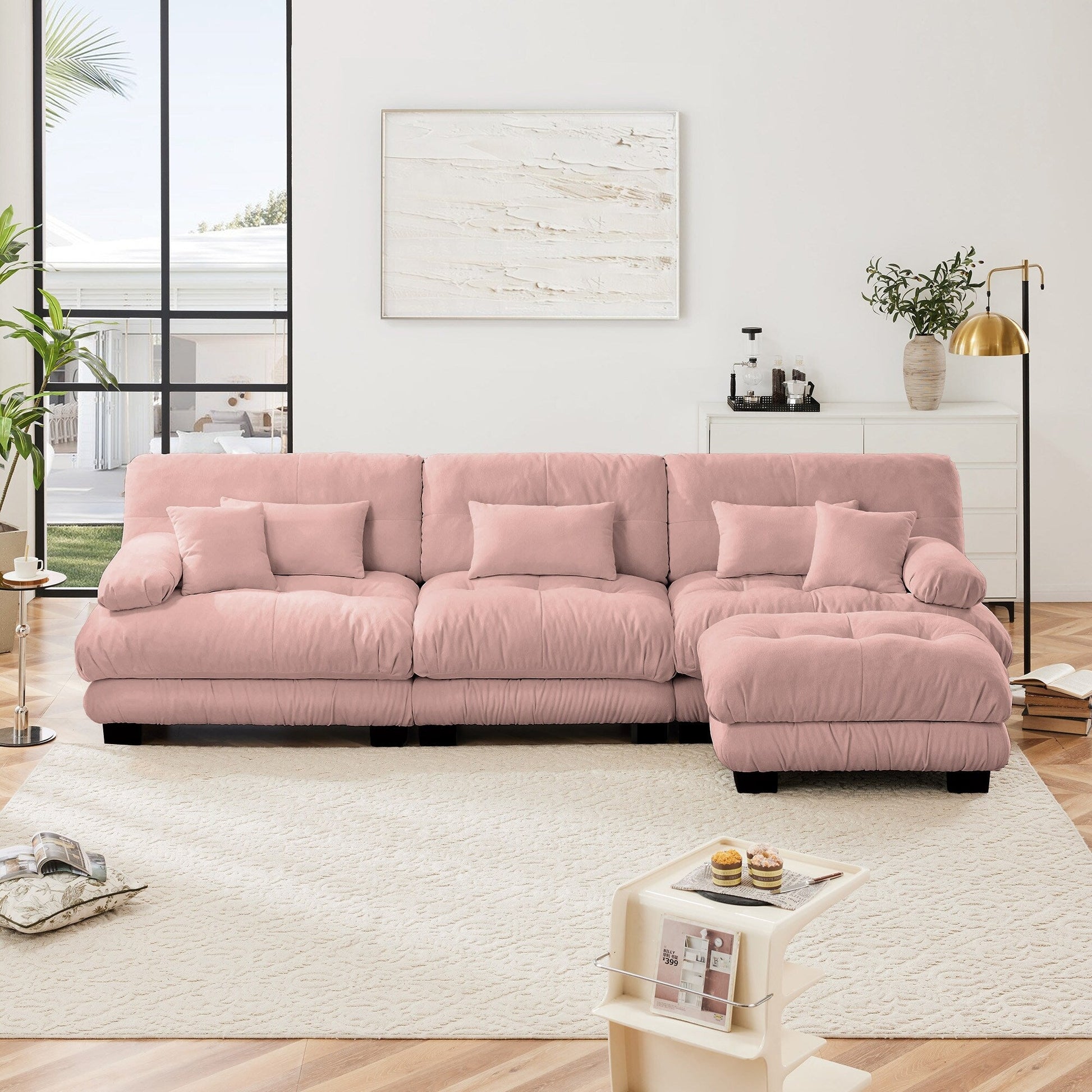 Canapé d'angle modulaire 3 places, canapé profond en forme de L, canapé nuage avec pouf convertible pour salon.