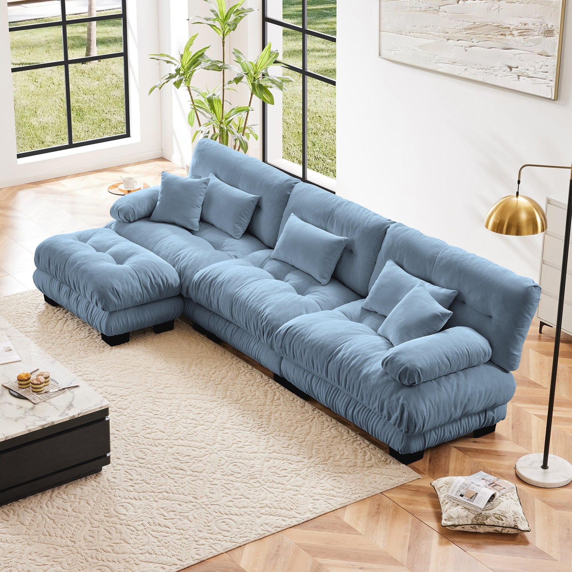 Canapé d'angle modulaire 3 places, canapé profond en forme de L, canapé nuage avec pouf convertible pour salon.