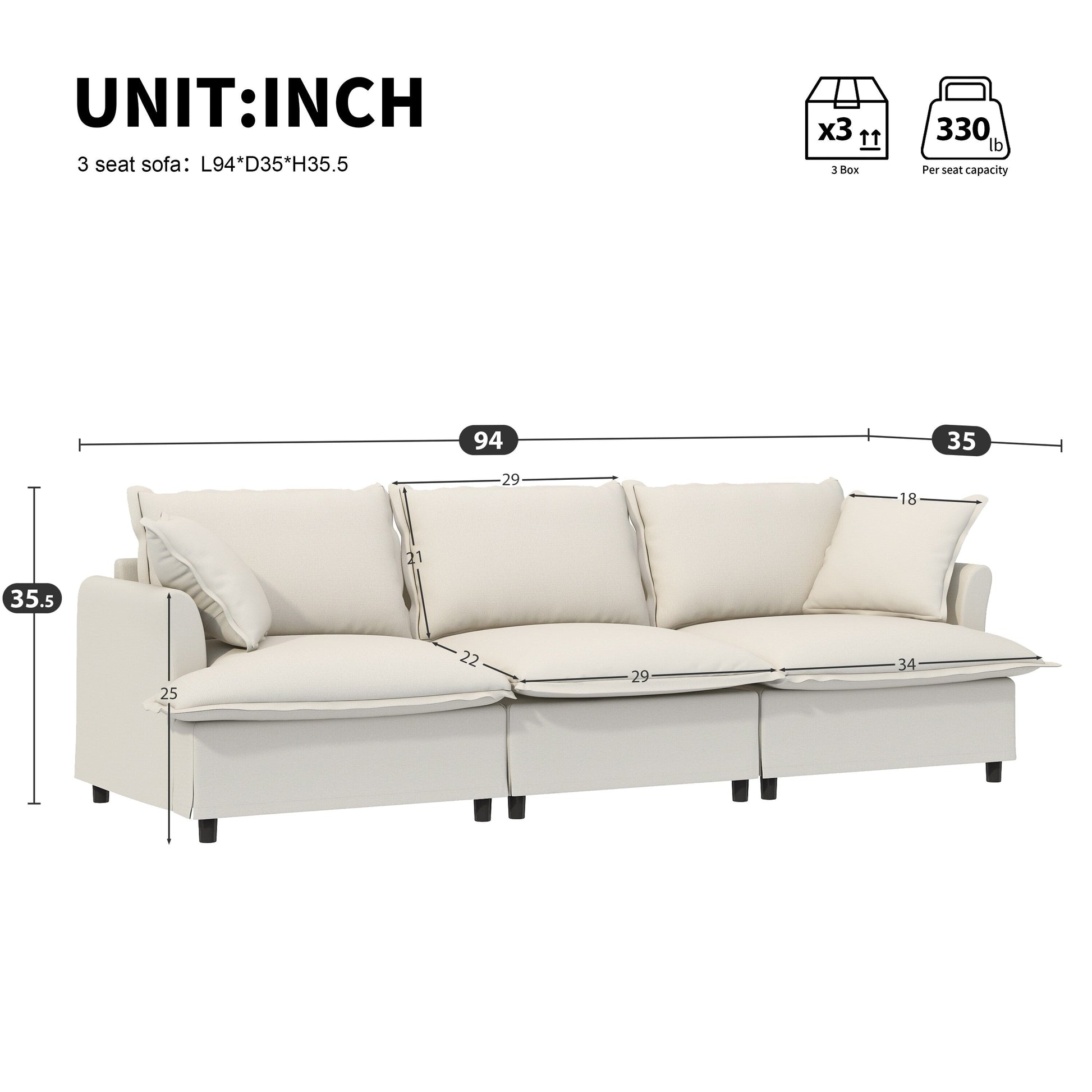 Module canapé 3 places pour canapé d'angle modulable, assise large, canapé moelleux en chenille avec coussins décoratifs