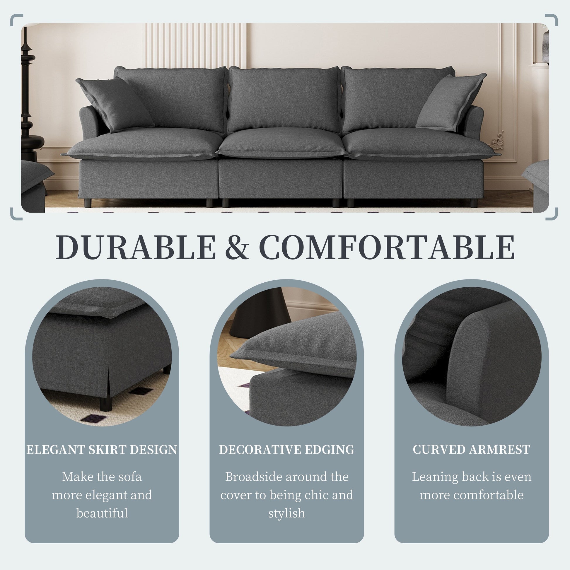 Module canapé 3 places pour canapé d'angle modulable, assise large, canapé moelleux en chenille avec coussins décoratifs