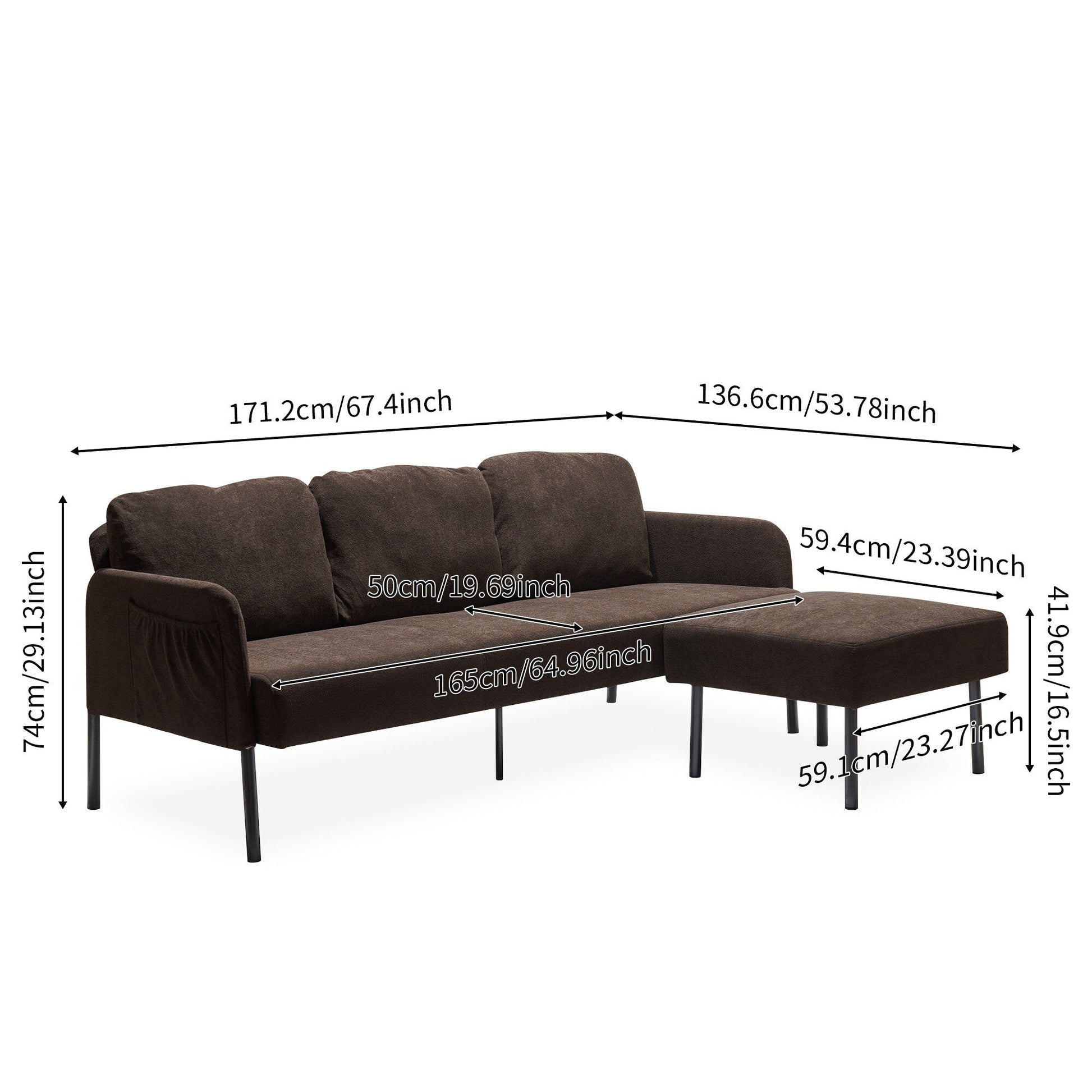 Canapé 3 places en forme de L en tissu polyester avec pouf, canapé moderne recouvert de tissu, canapé confortable et compact pour petit espace.