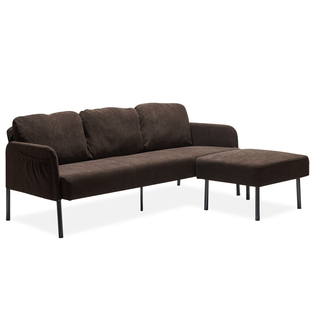 Canapé 3 places en forme de L en tissu polyester avec pouf, canapé moderne recouvert de tissu, canapé confortable et compact pour petit espace.
