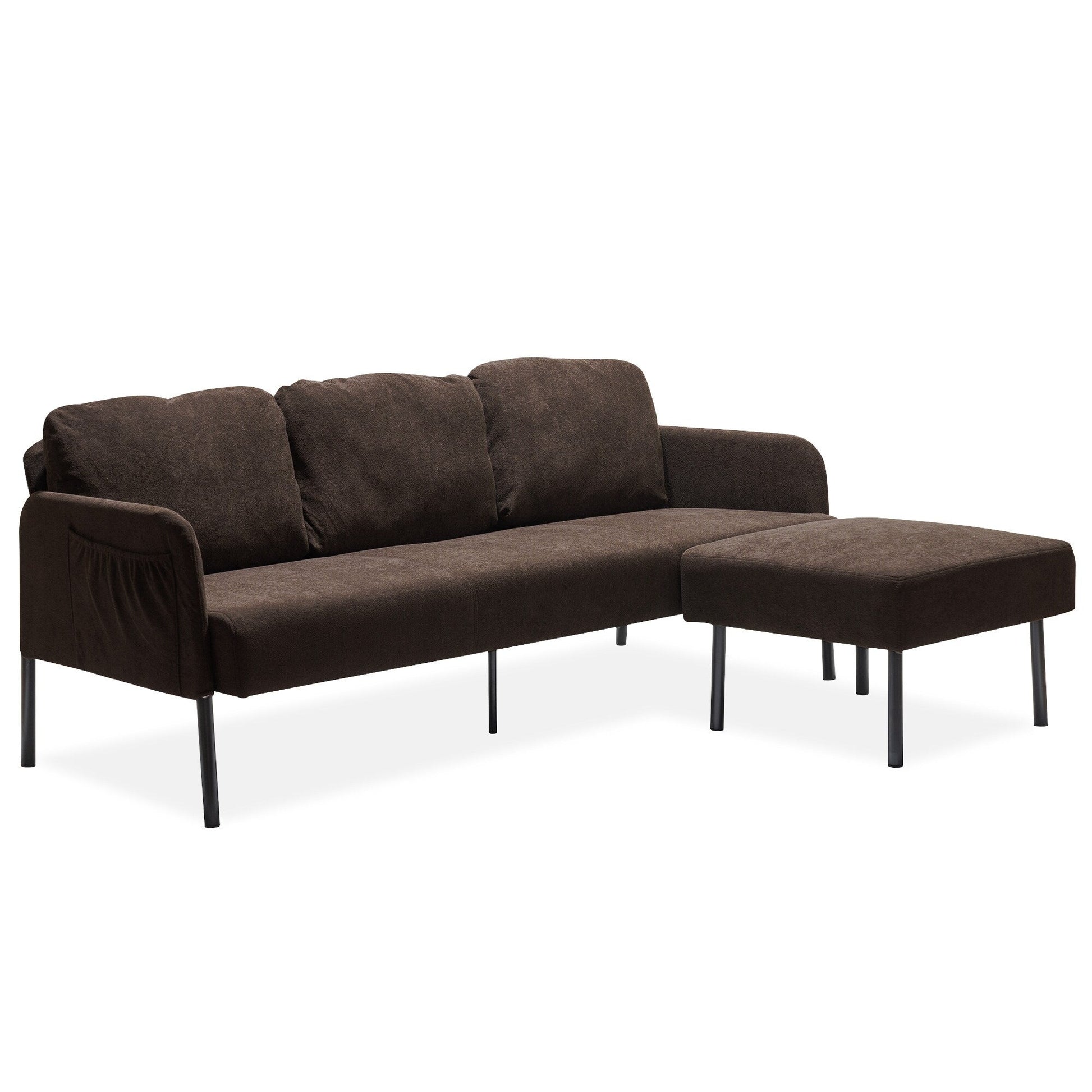 Canapé 3 places en forme de L en tissu polyester avec pouf, canapé moderne recouvert de tissu, canapé confortable et compact pour petit espace.