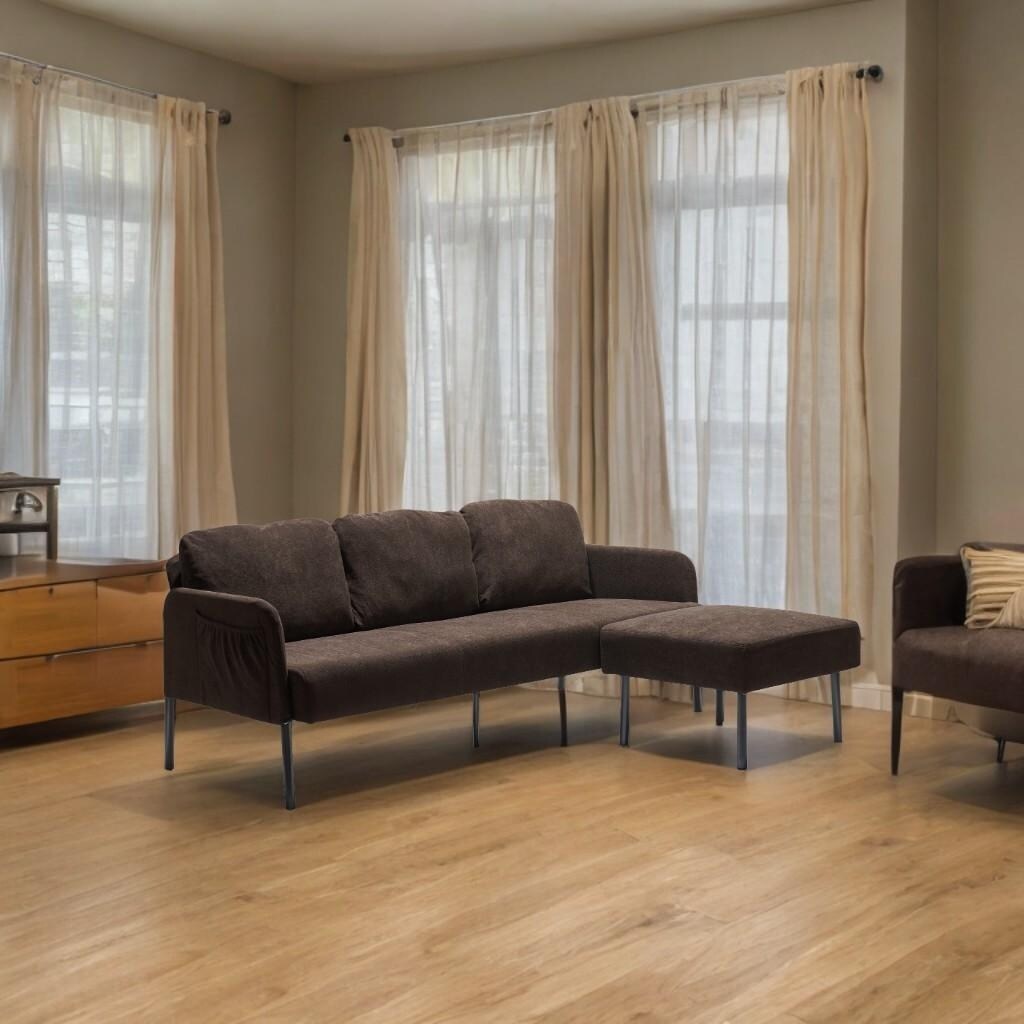 Canapé 3 places en forme de L en tissu polyester avec pouf, canapé moderne recouvert de tissu, canapé confortable et compact pour petit espace.