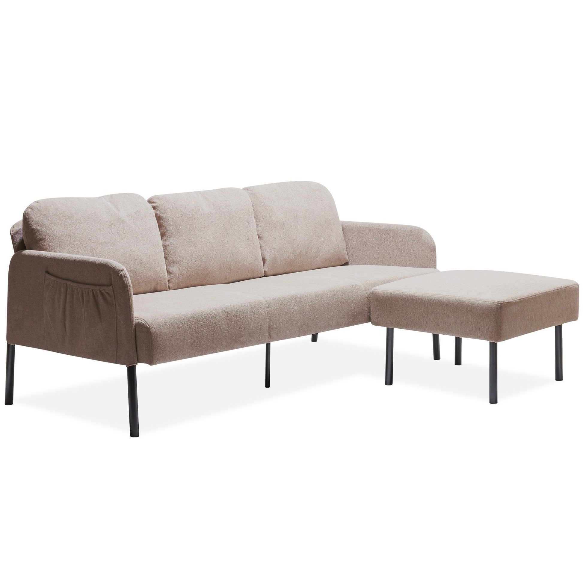Canapé 3 places en forme de L en tissu polyester avec pouf, canapé moderne recouvert de tissu, canapé confortable et compact pour petit espace.