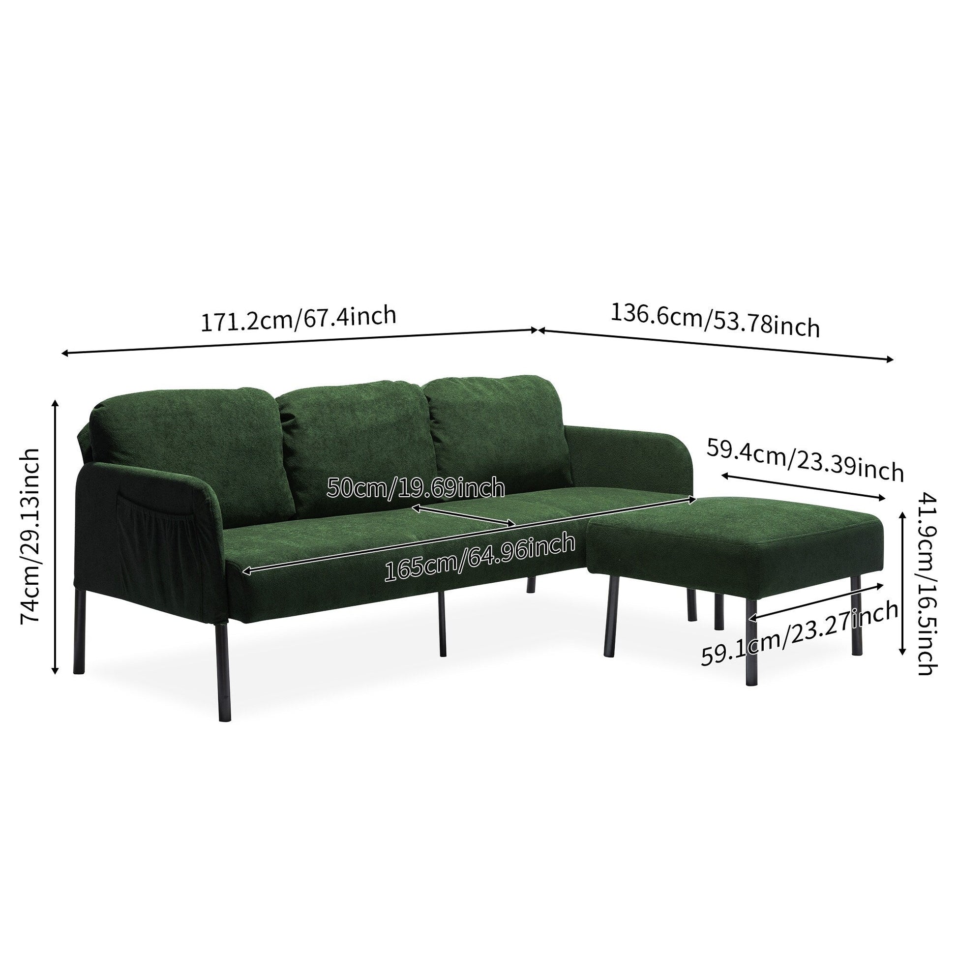 Canapé 3 places en forme de L en tissu polyester avec pouf, canapé moderne recouvert de tissu, canapé confortable et compact pour petit espace.