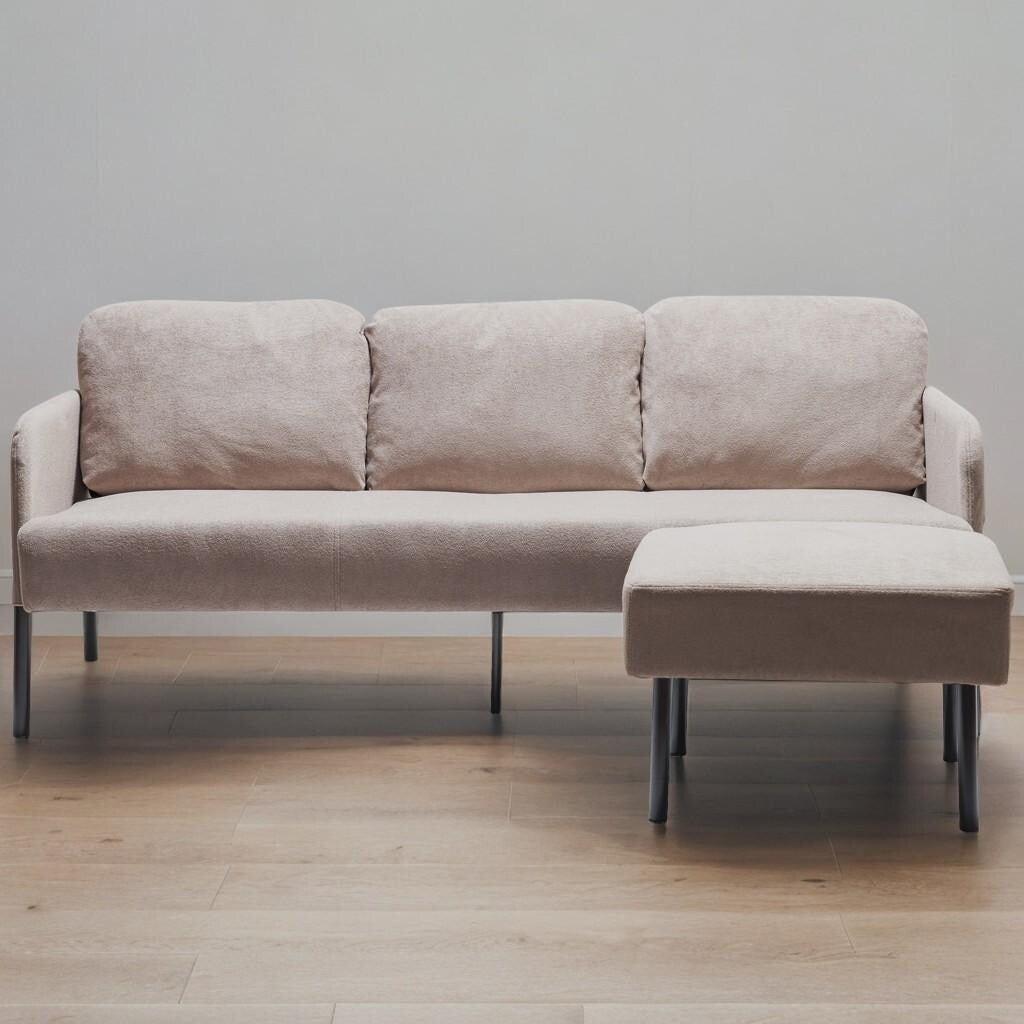 Canapé 3 places en forme de L en tissu polyester avec pouf, canapé moderne recouvert de tissu, canapé confortable et compact pour petit espace.